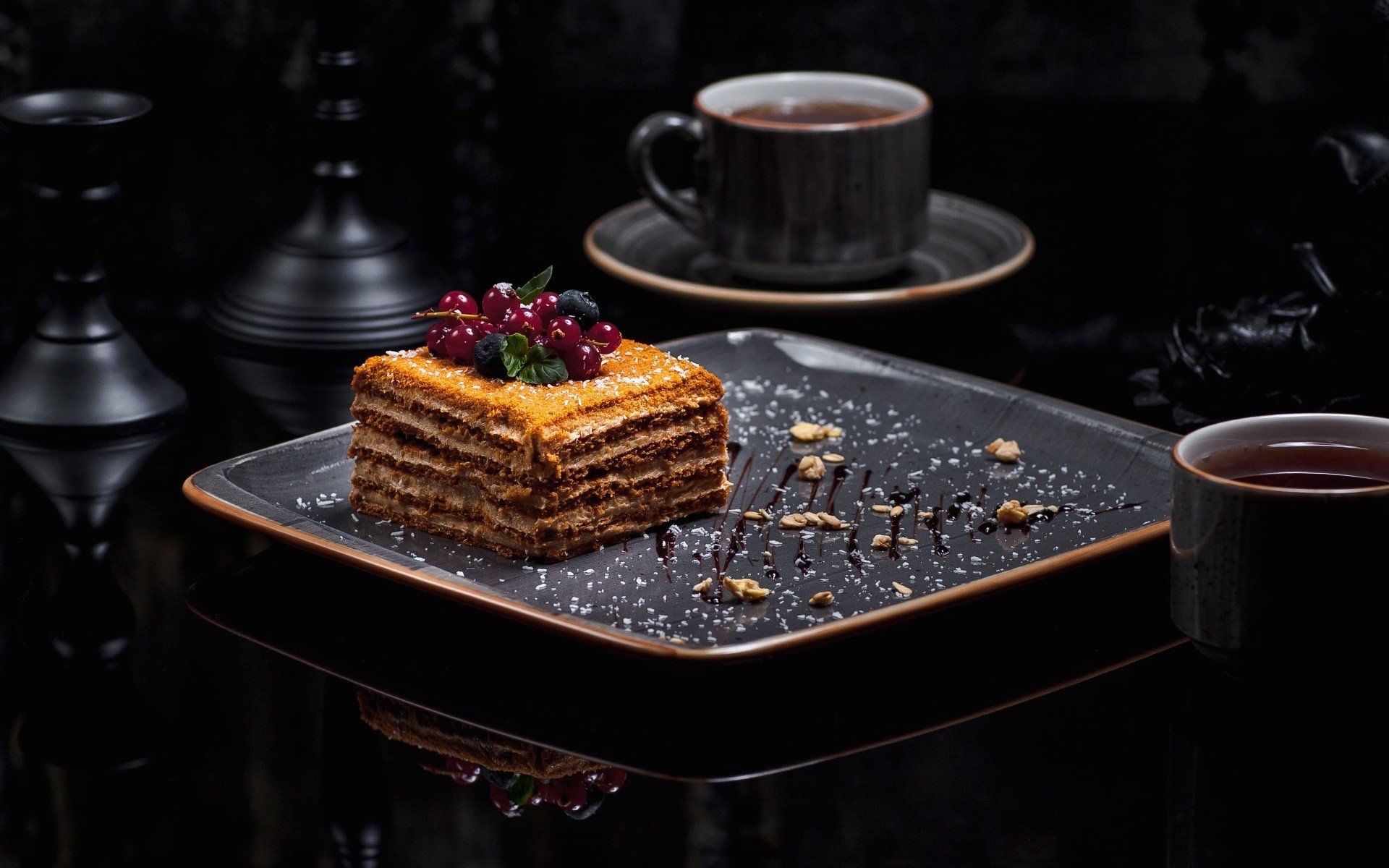 Layered cake with berries and tea HD Wallpaper