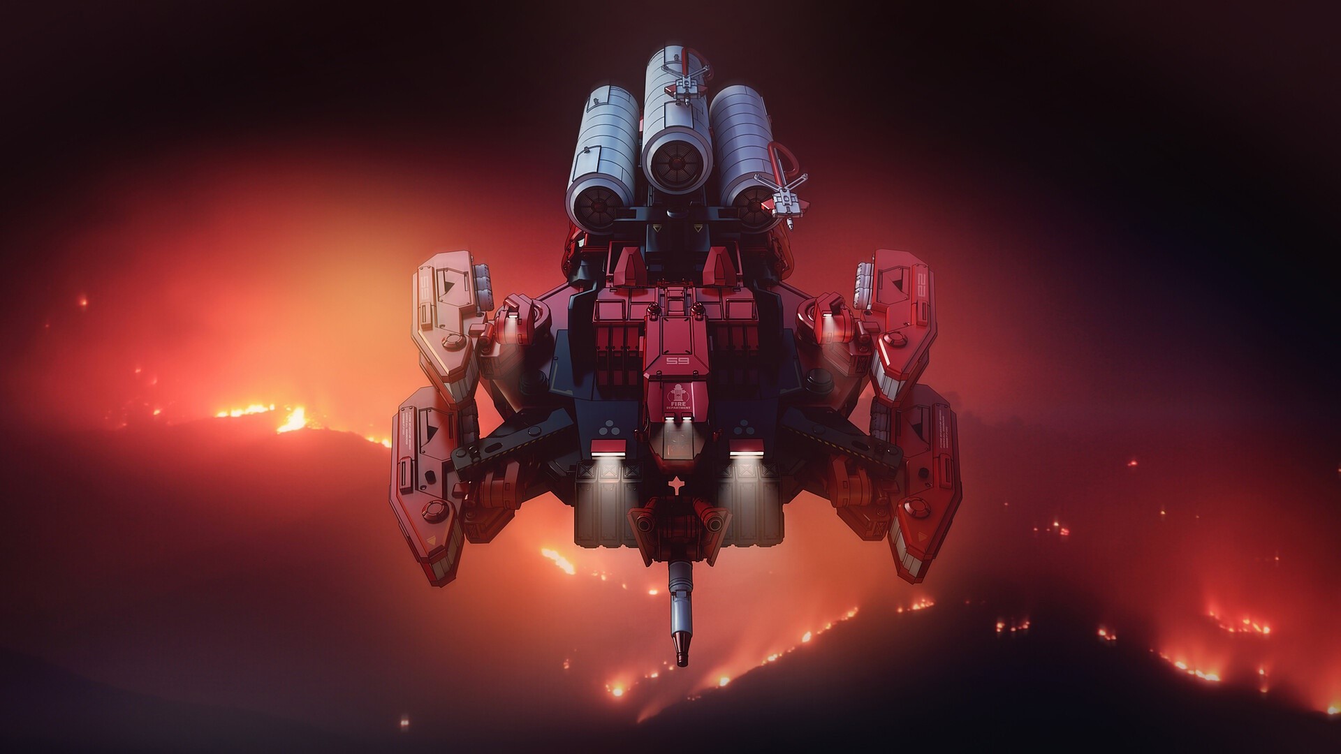 Futuristic science fiction ship flying over a wildfire HD Wallpaper