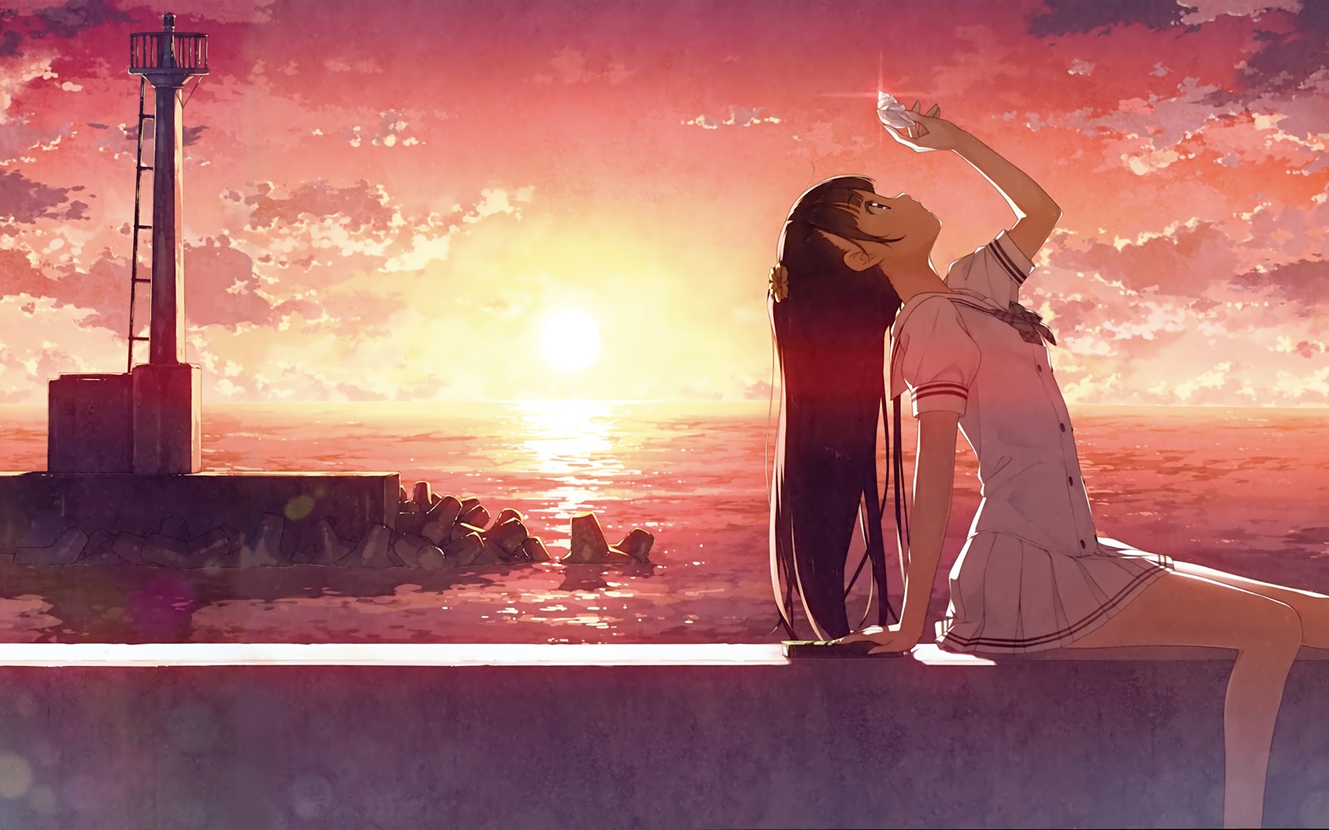 Anime girl at sunset by lighthouse HD Wallpaper