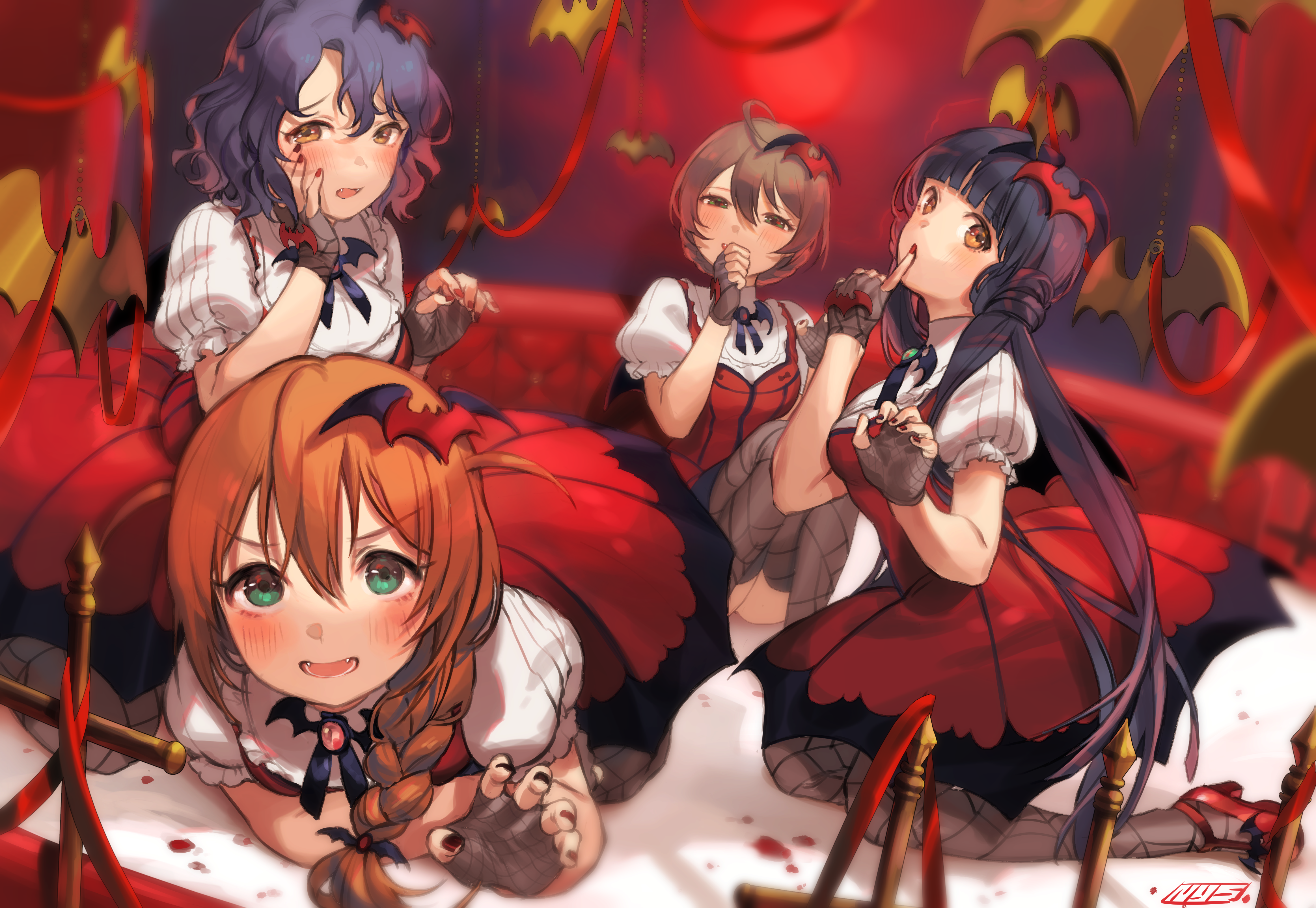 4K anime girls vampires with fangs and blush HD Wallpaper