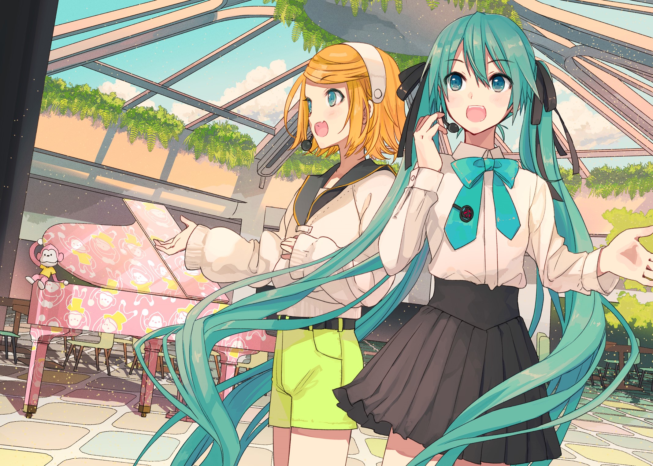Hatsune Miku and Kagamine Rin singing in a conservatory HD Wallpaper