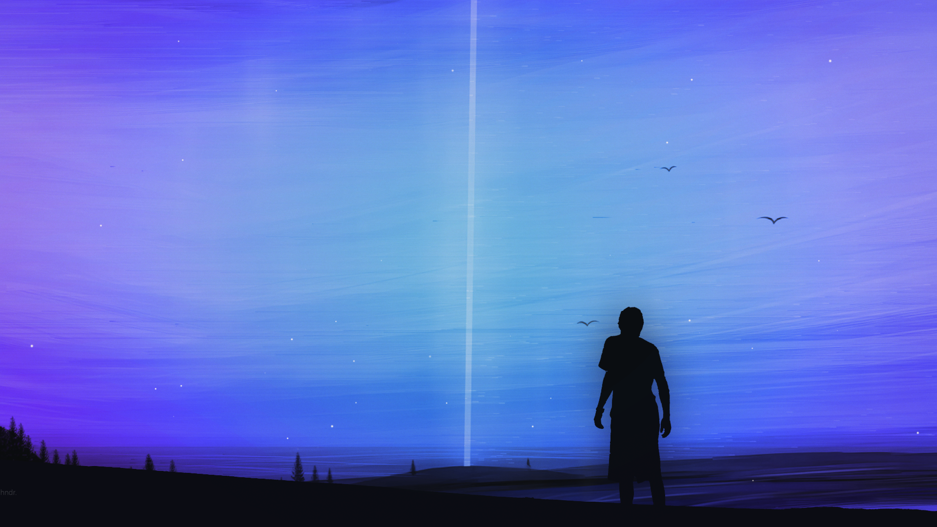 Silhouette of a man standing under a neon glow beam HD Wallpaper