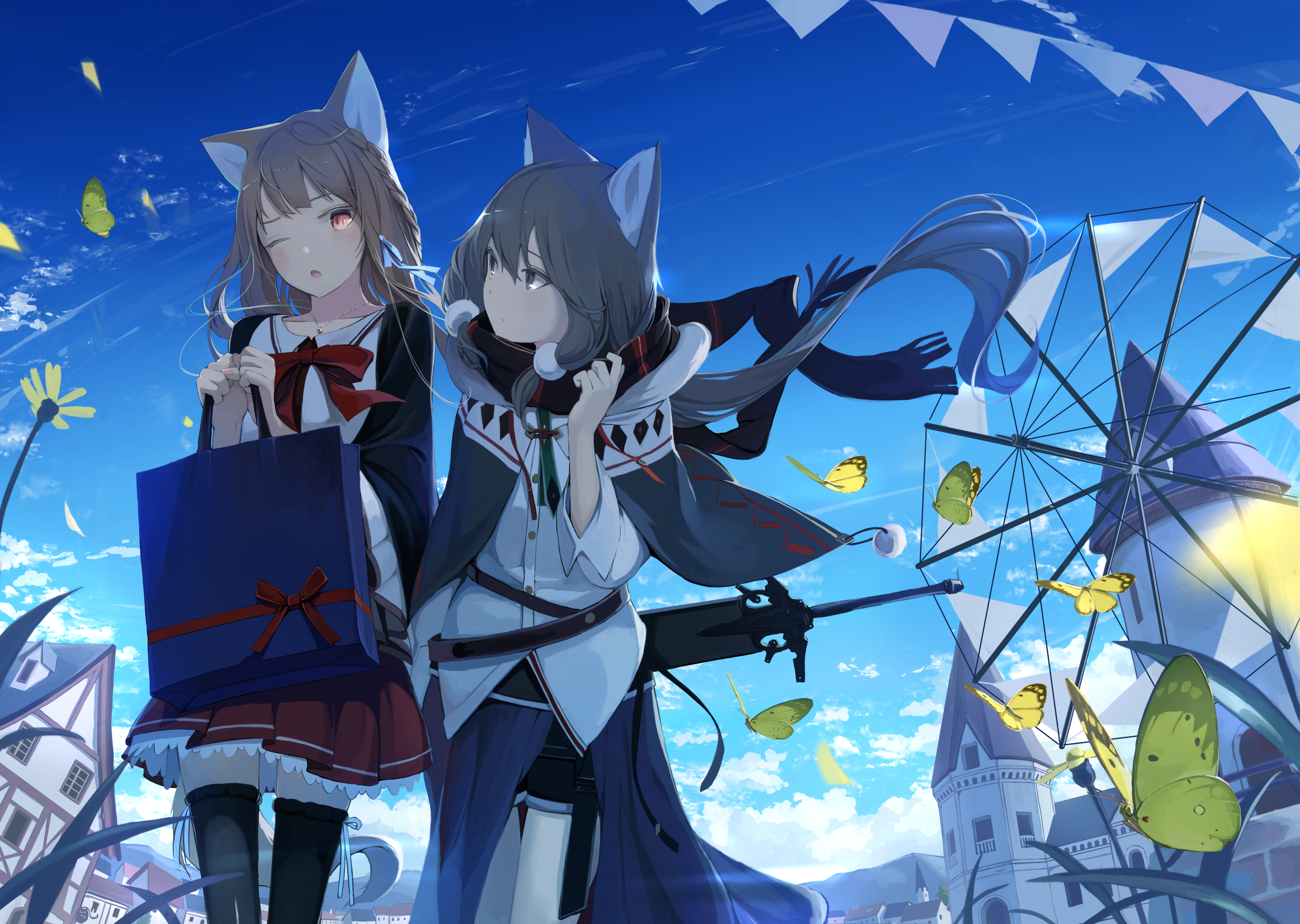 Two cat girls with a sword and a shopping bag HD Wallpaper