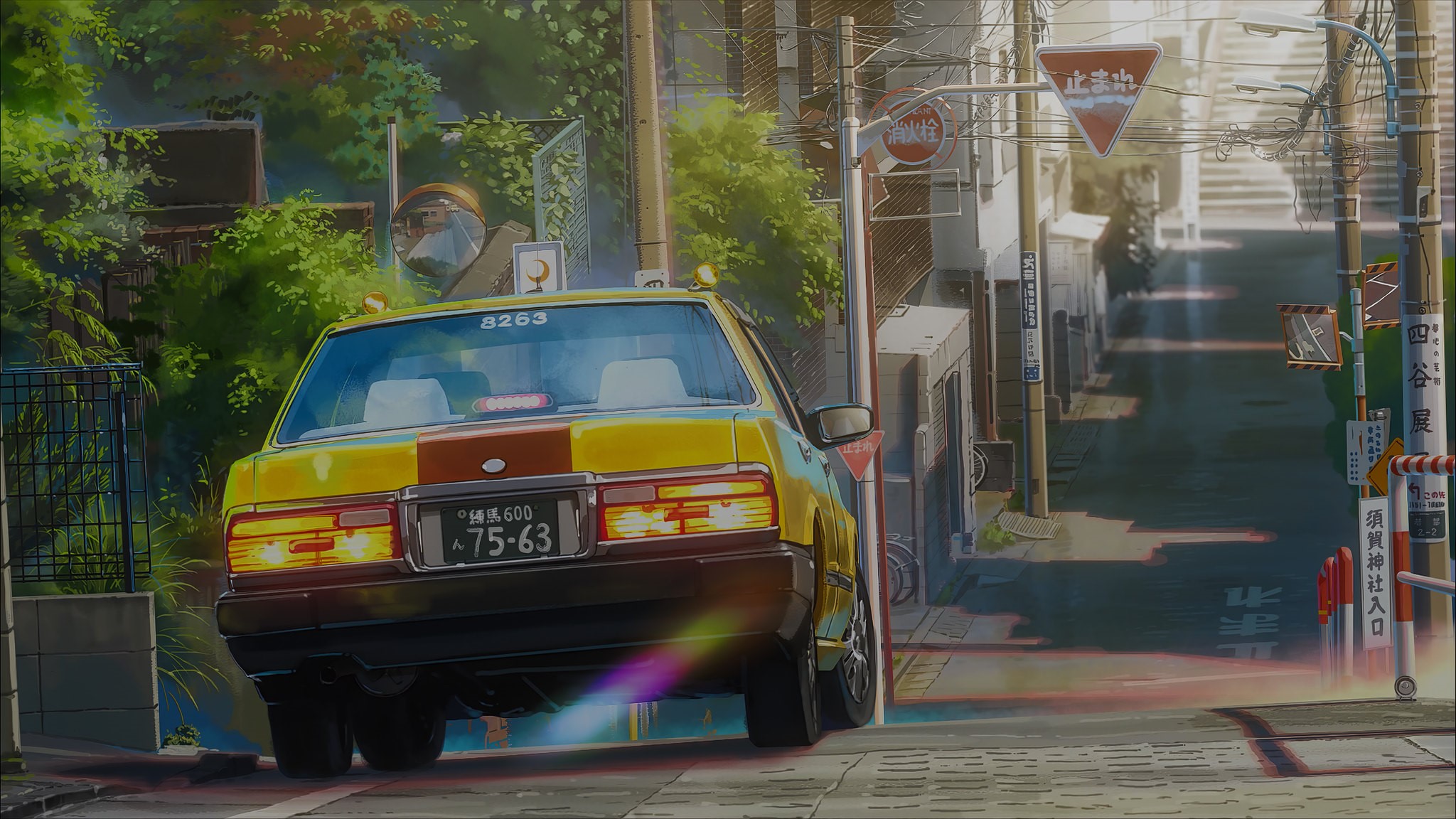 Yellow taxi driving down a Japanese street HD Wallpaper