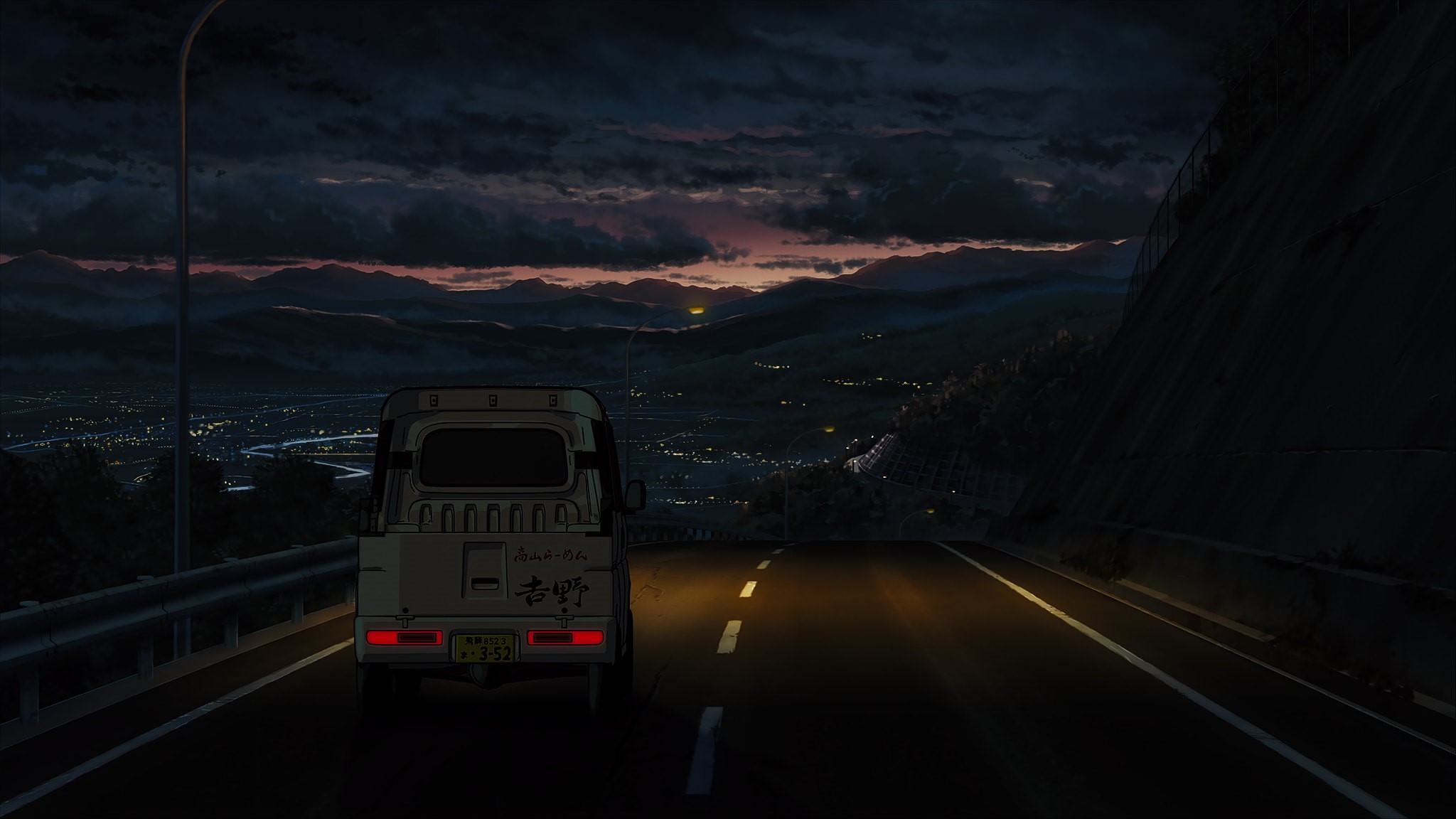 Anime truck driving on a mountain road at dusk HD Wallpaper
