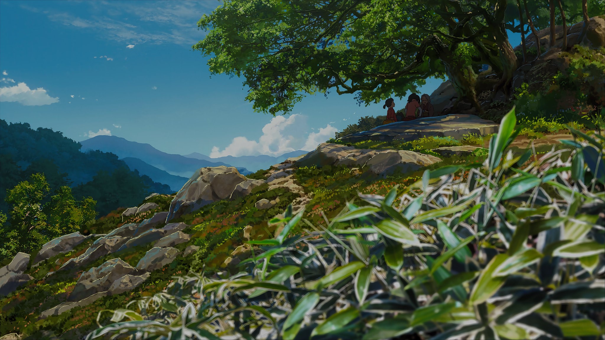 Anime landscape with mountains and children under a tree HD Wallpaper