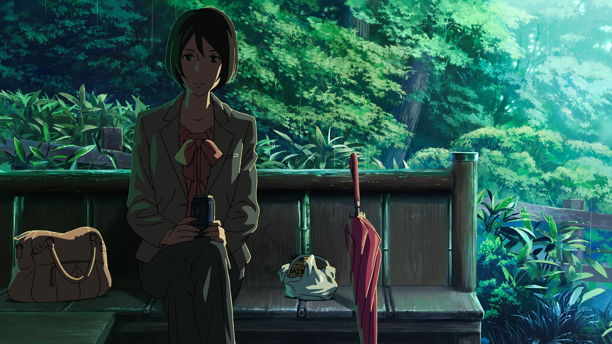 Takao from The Garden of Words sitting in the rain HD Wallpaper