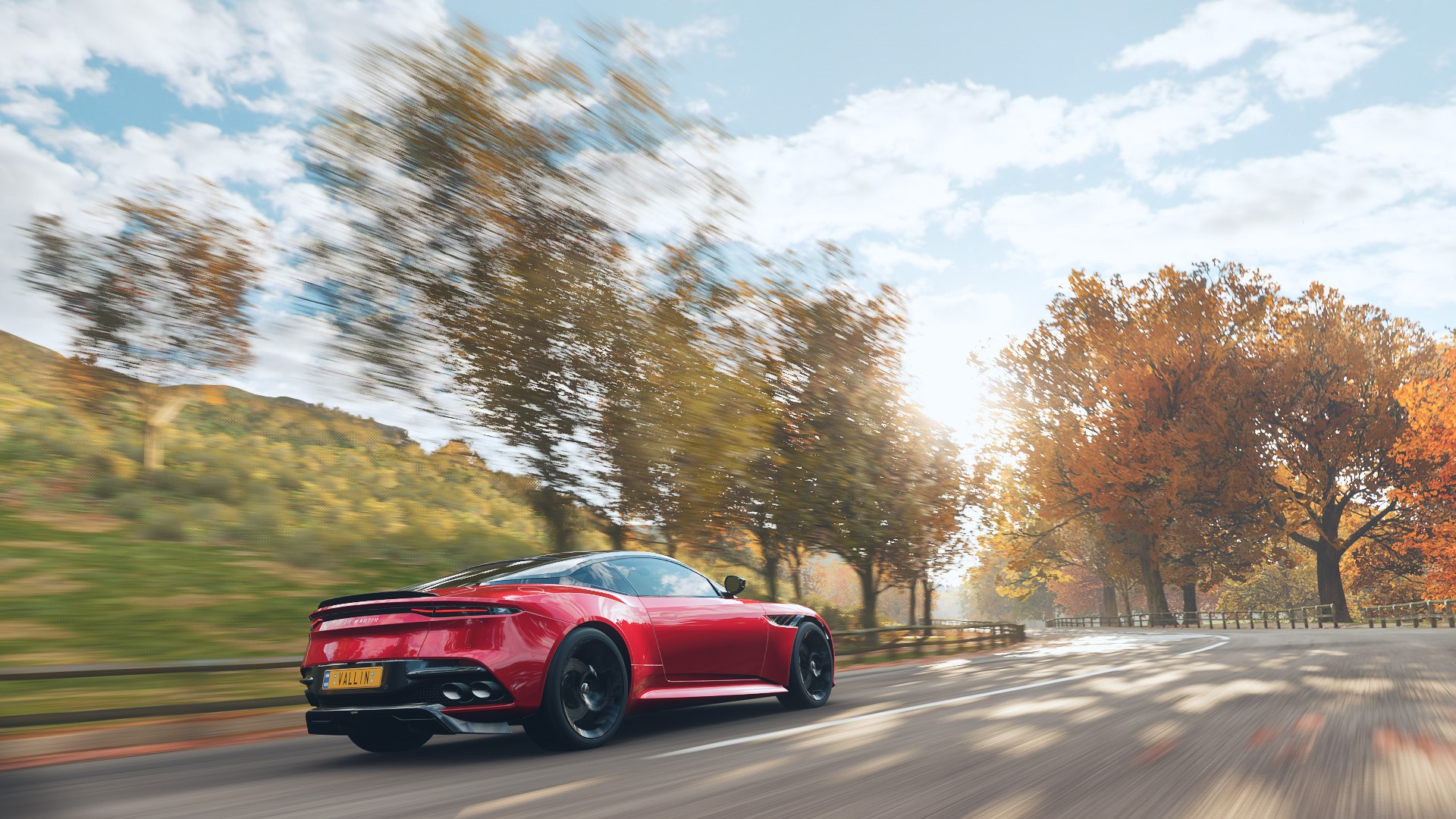 Red Aston Martin DBS Superleggera driving in Forza Horizon 4 HD Wallpaper
