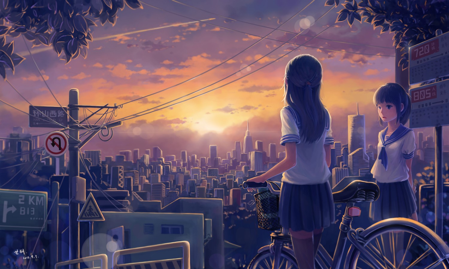 Two anime schoolgirls watching the sunset over a cityscape HD Wallpaper