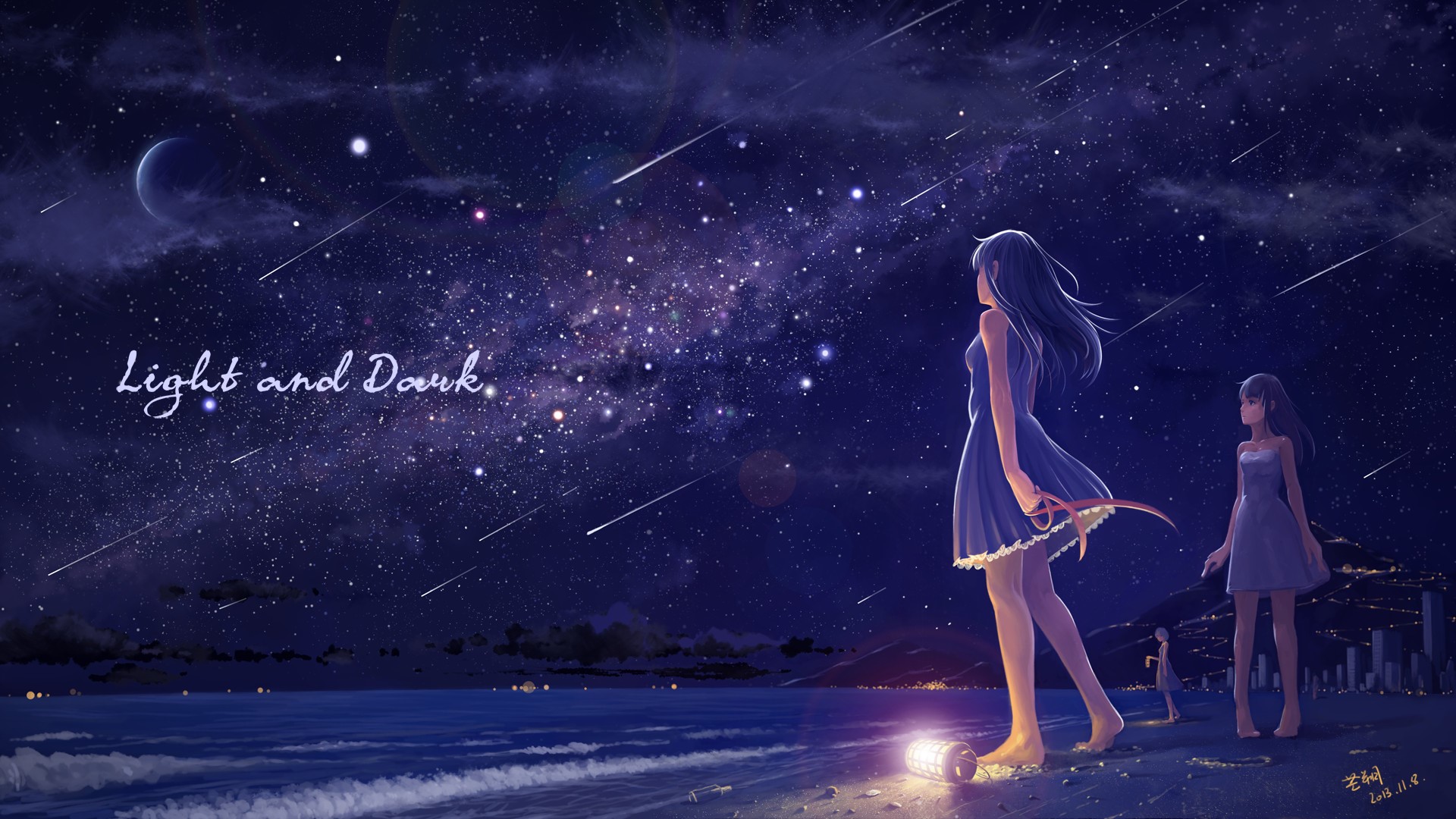 Anime girls on a beach under a starry night sky HD Wallpaper