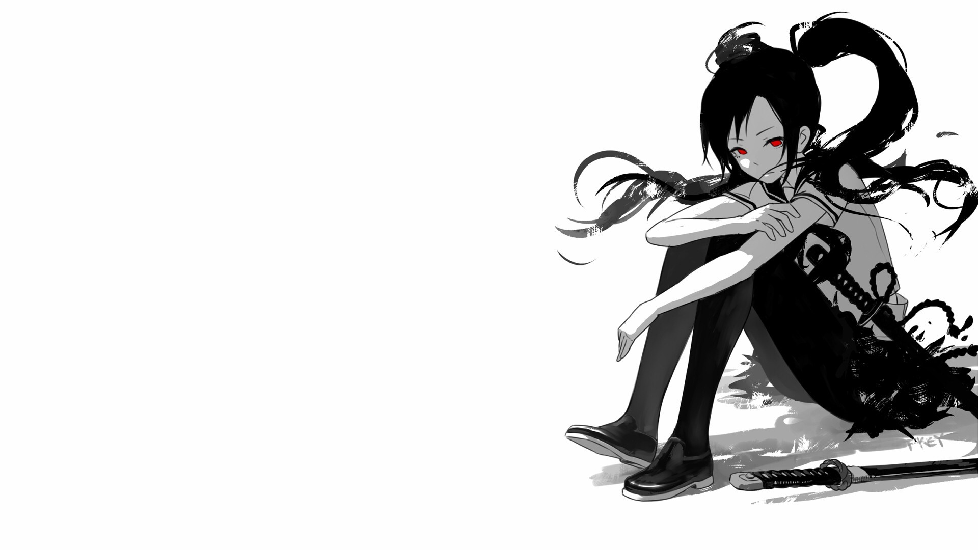 Anime girl with red eyes and katana sitting on white background HD Wallpaper