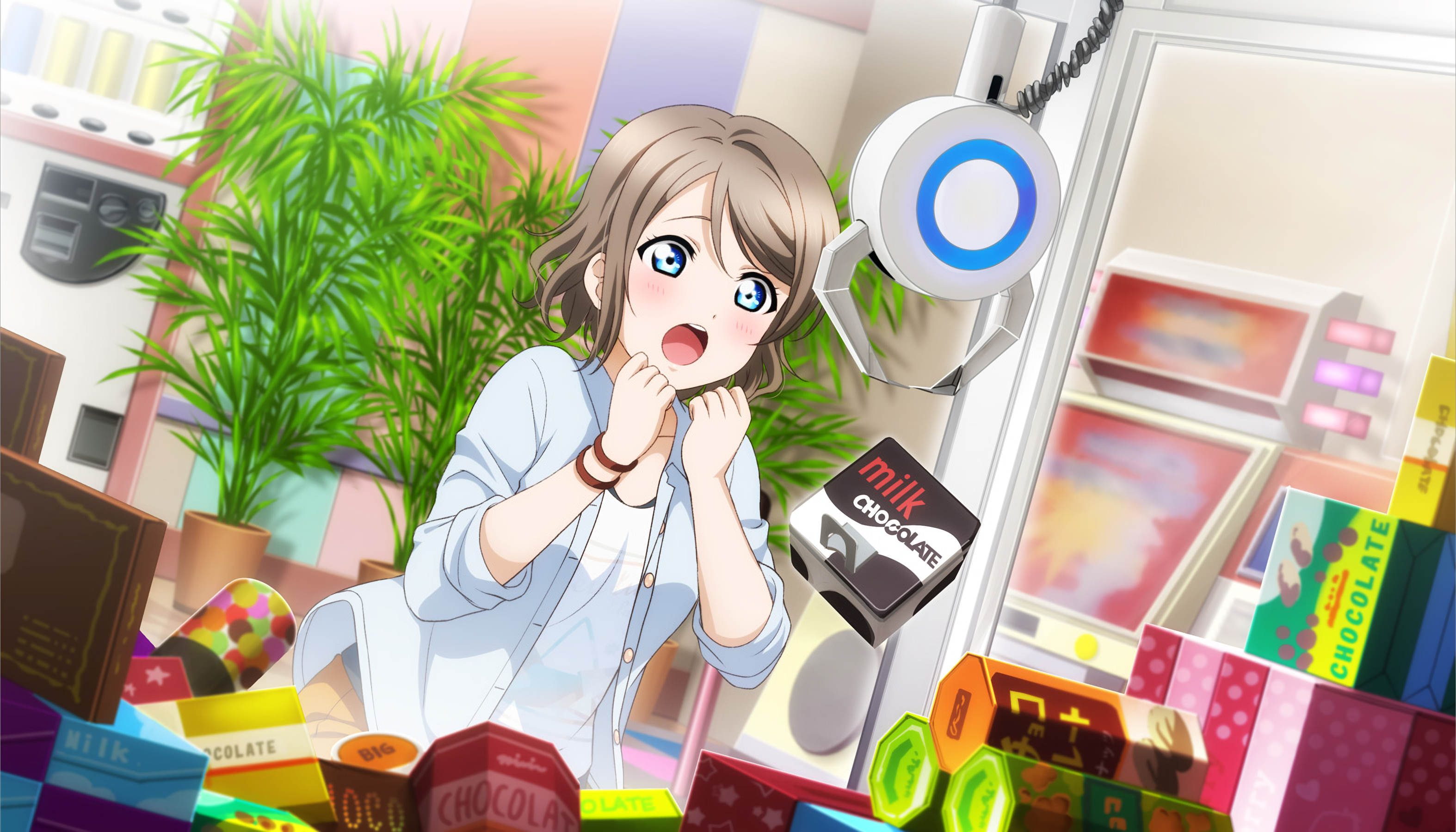 You Watanabe from Love Live! Sunshine!! playing a claw machine HD Wallpaper
