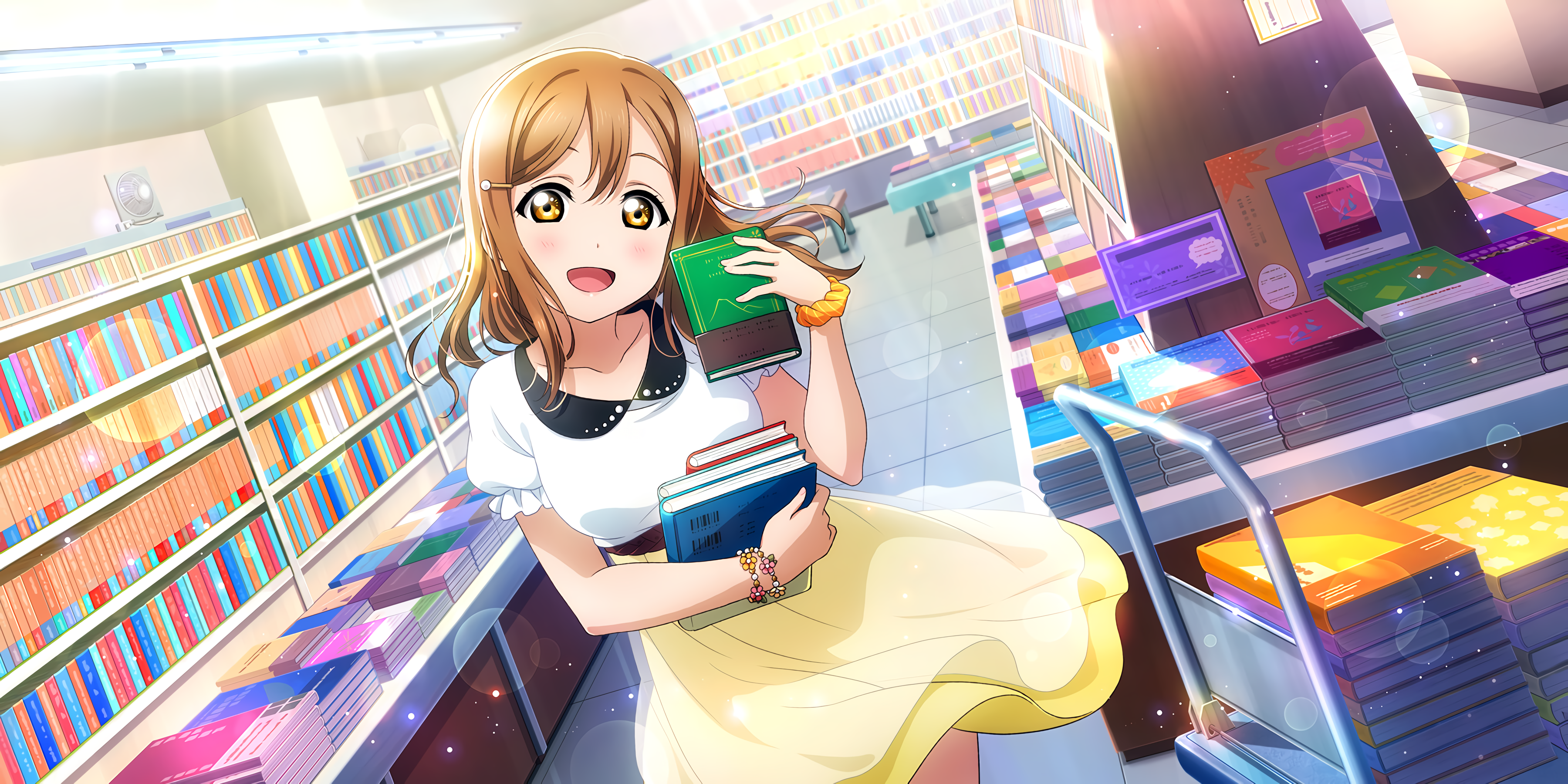 Kunikida Hanamaru from Love Live! Sunshine!! holding books in a library HD Wallpaper