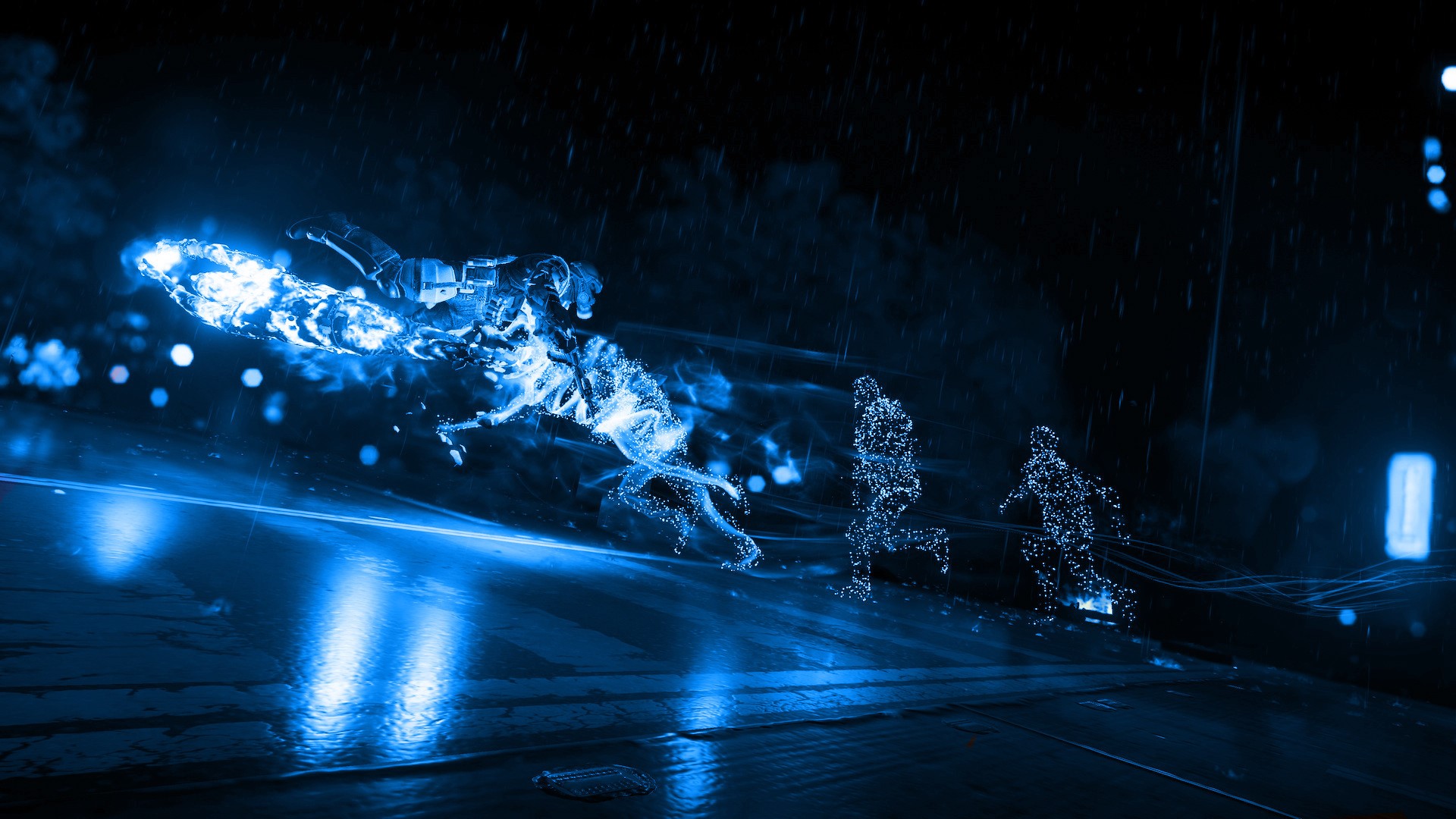 Blue holographic figures running in the rain at night HD Wallpaper