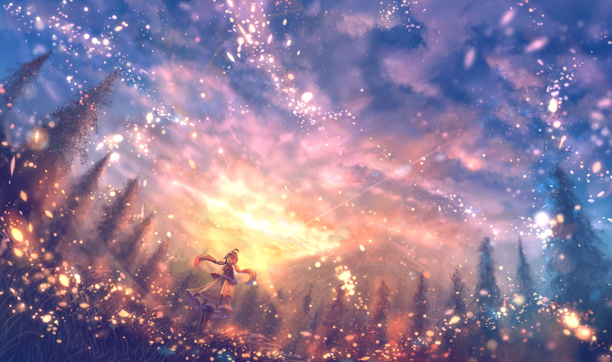 Girl dancing in a field of glowing flowers under a starry sky HD Wallpaper