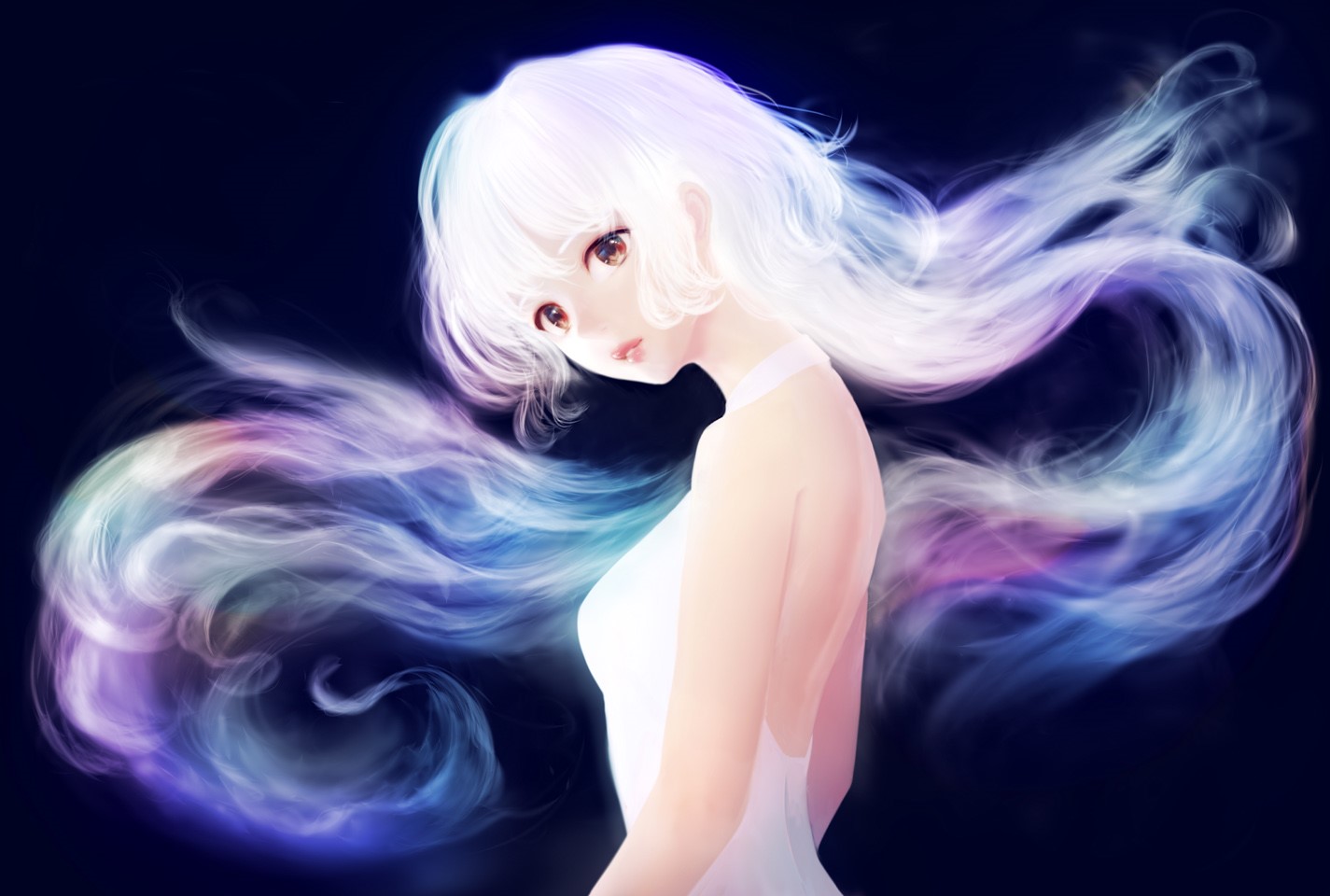 Anime girl with white hair and colorful smoke HD Wallpaper