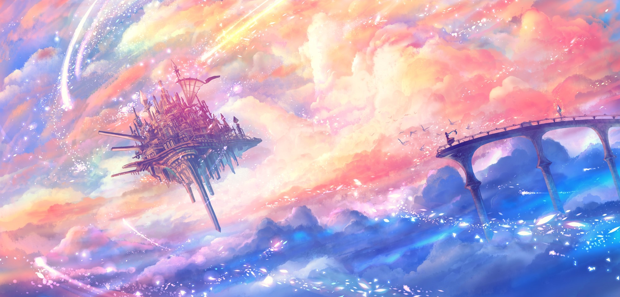 Floating castle and bridge in a colorful sky HD Wallpaper