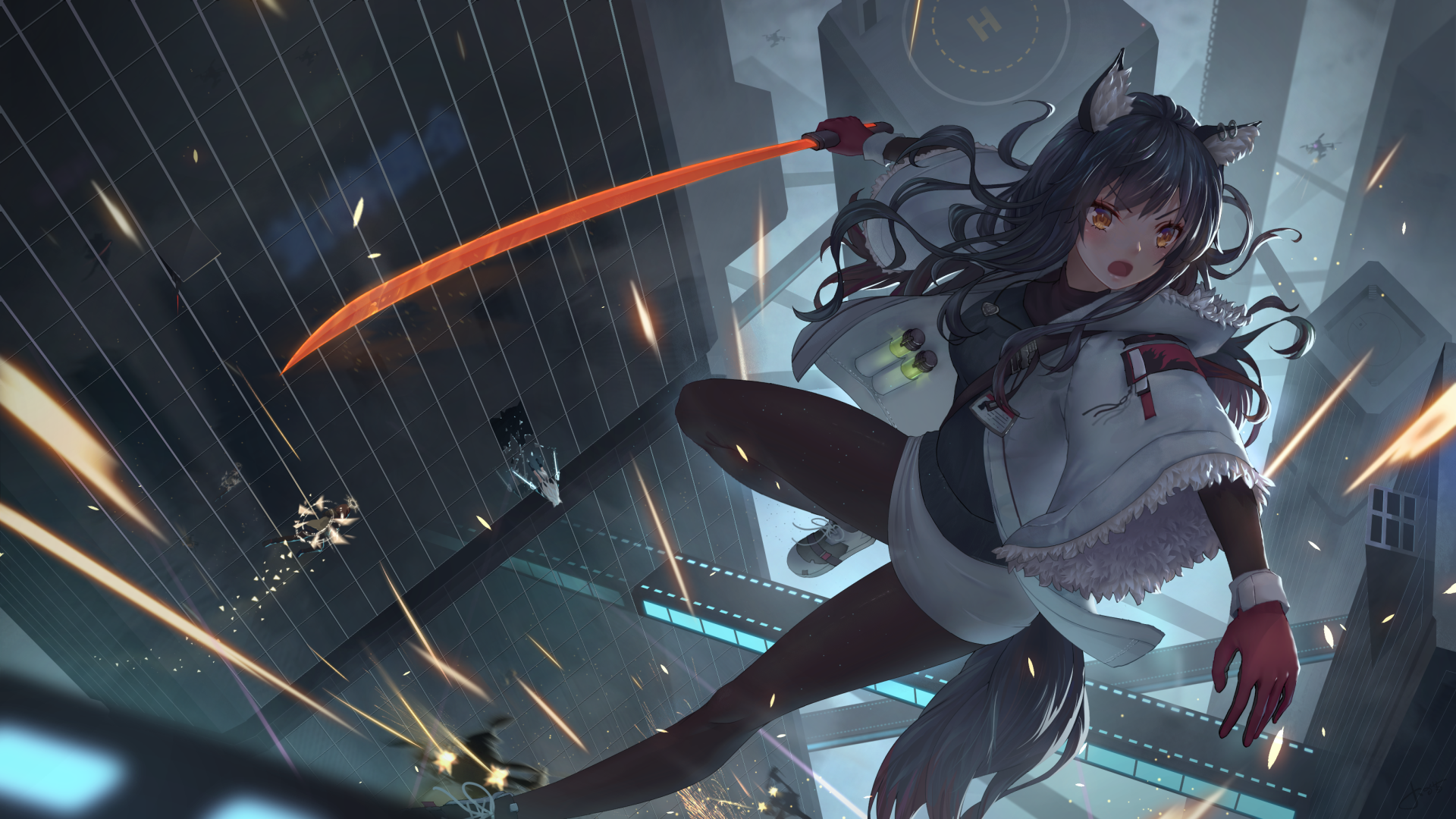 Girl with wolf ears and katana in a city HD Wallpaper