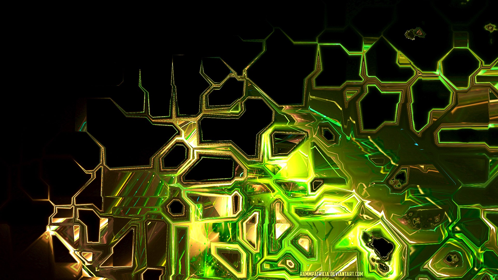 Abstract digital art with green and gold geometric patterns HD Wallpaper