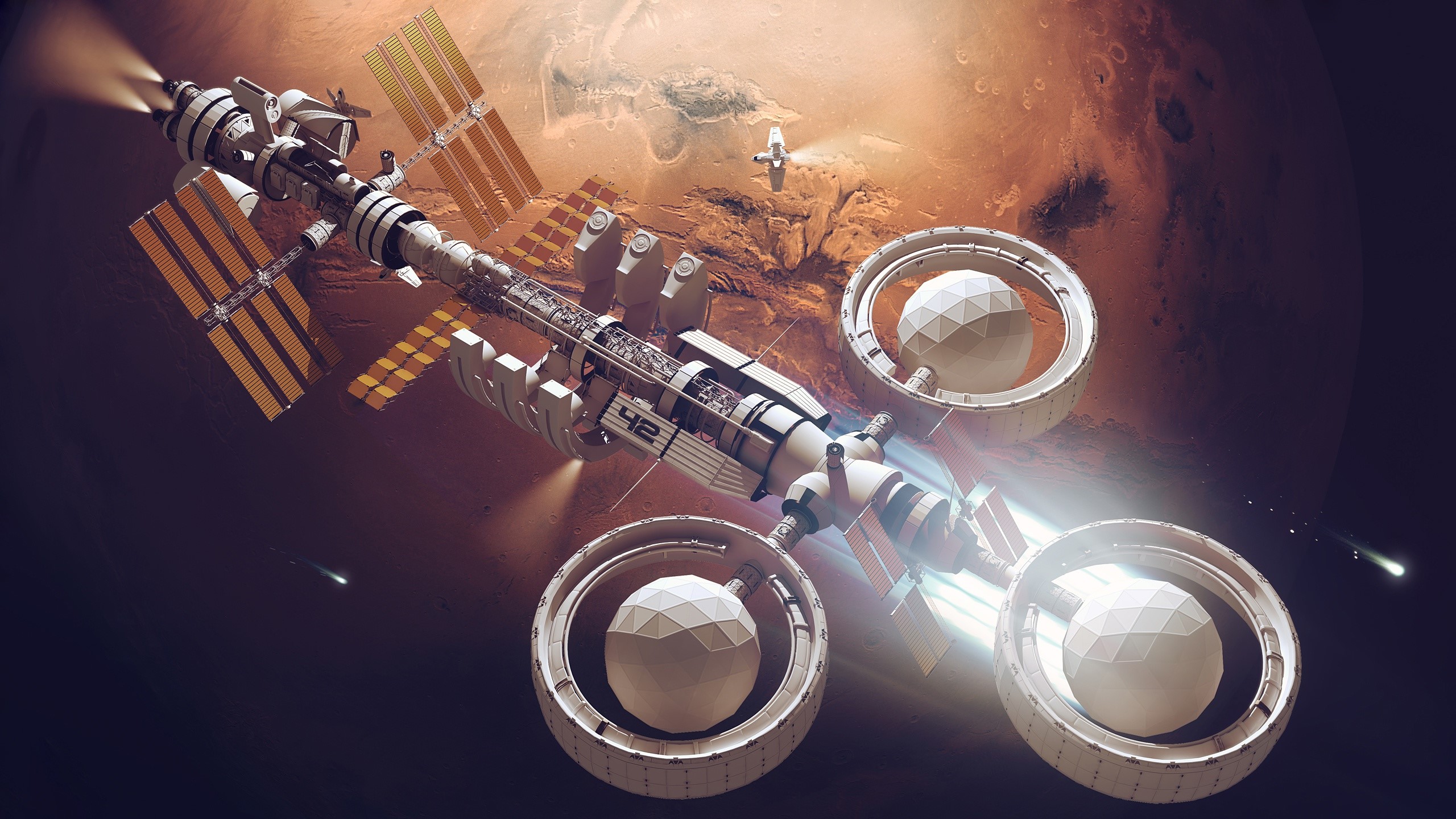 Futuristic space station orbiting Mars with spacecraft HD Wallpaper