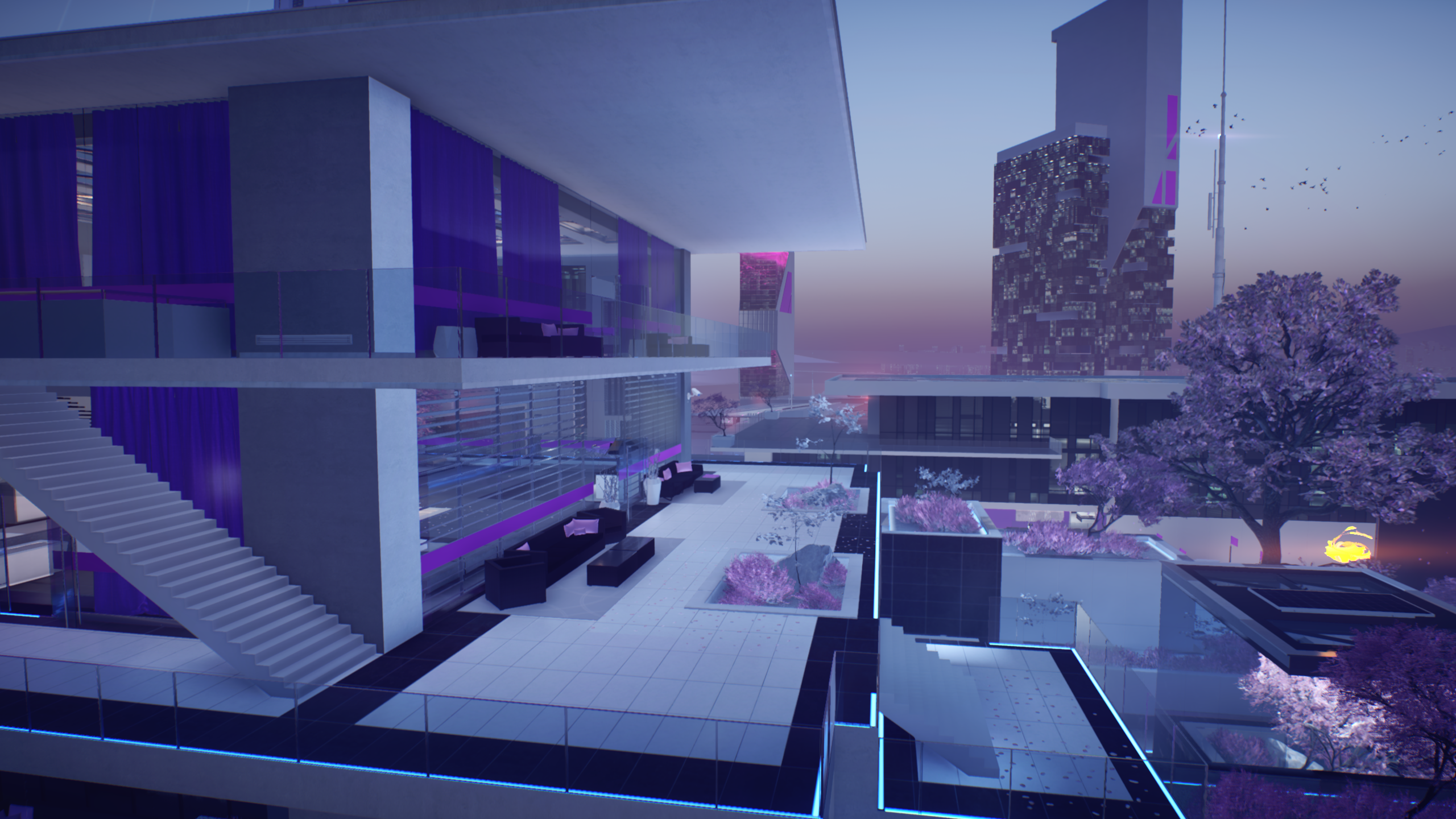 Cityscape with modern architecture and purple accents HD Wallpaper