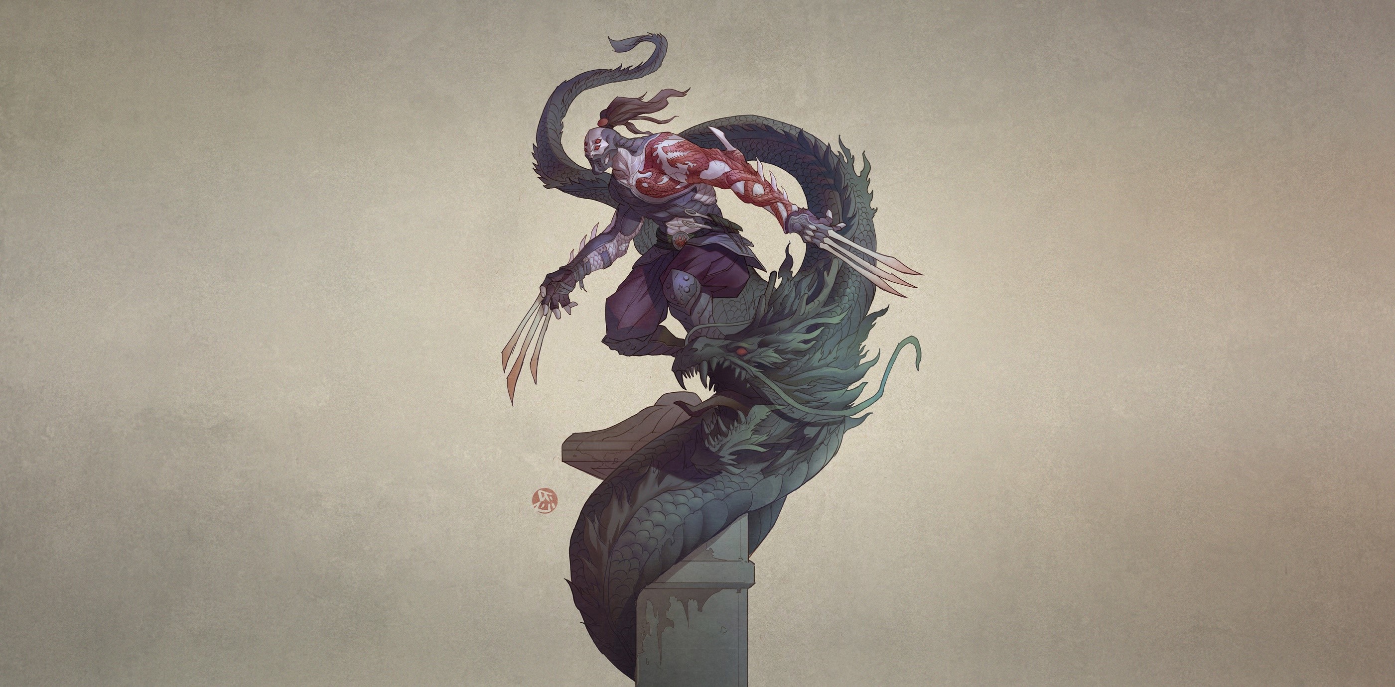 Warrior with claws fighting a dragon statue HD Wallpaper