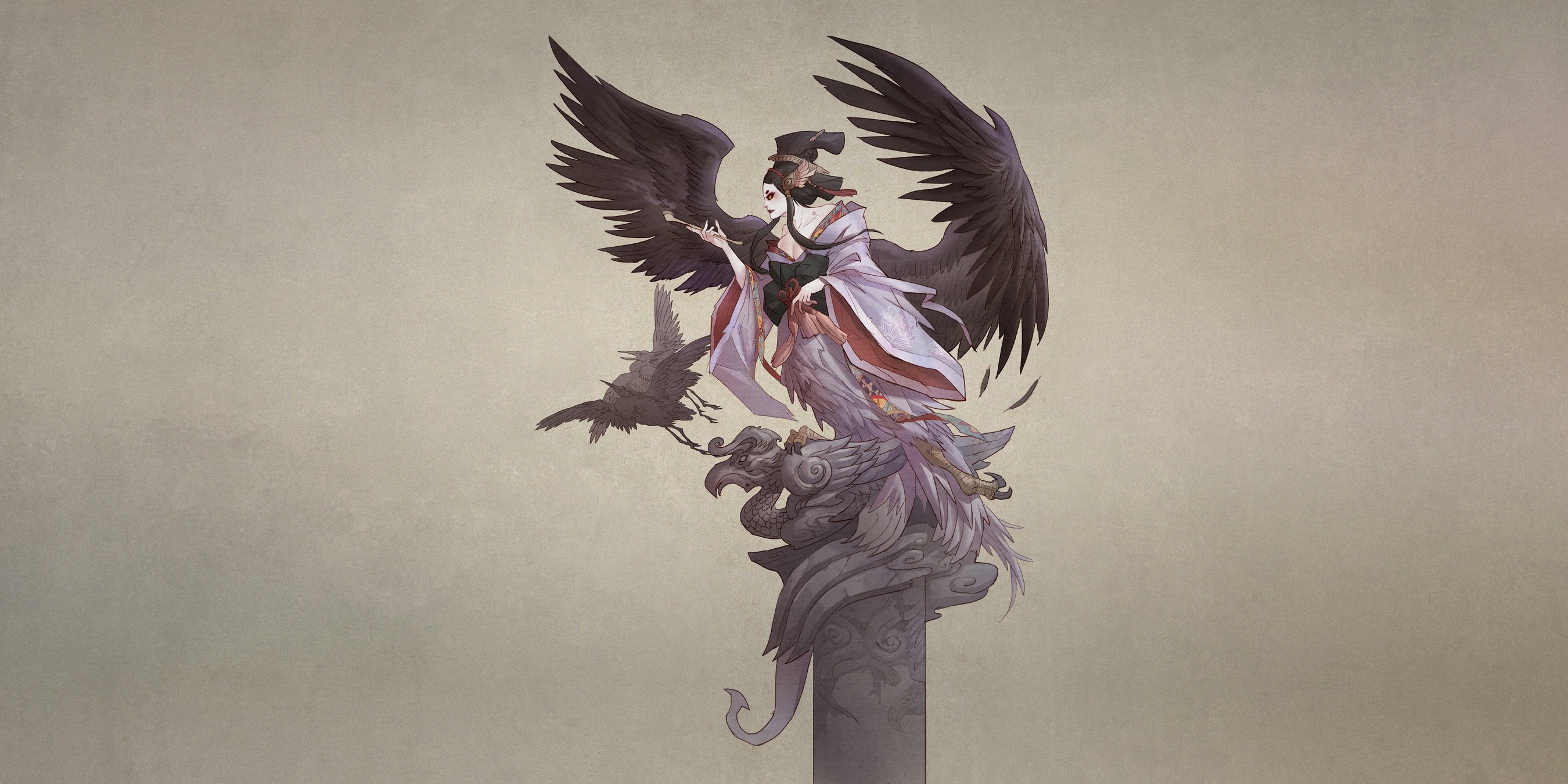 Fantasy art of a woman with bird wings and a statue HD Wallpaper
