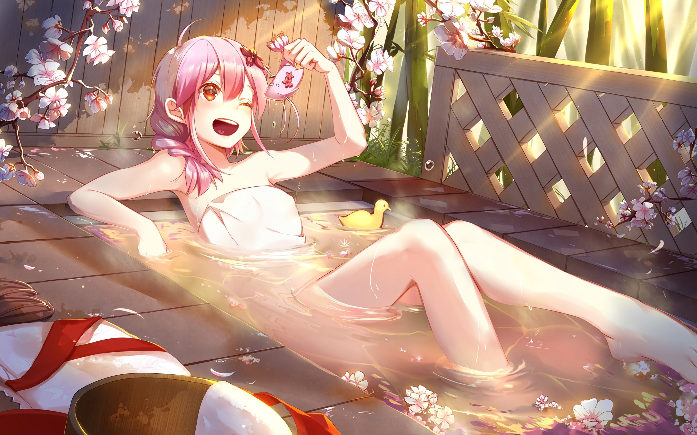 Anime girl in a hot spring with cherry blossoms HD Wallpaper