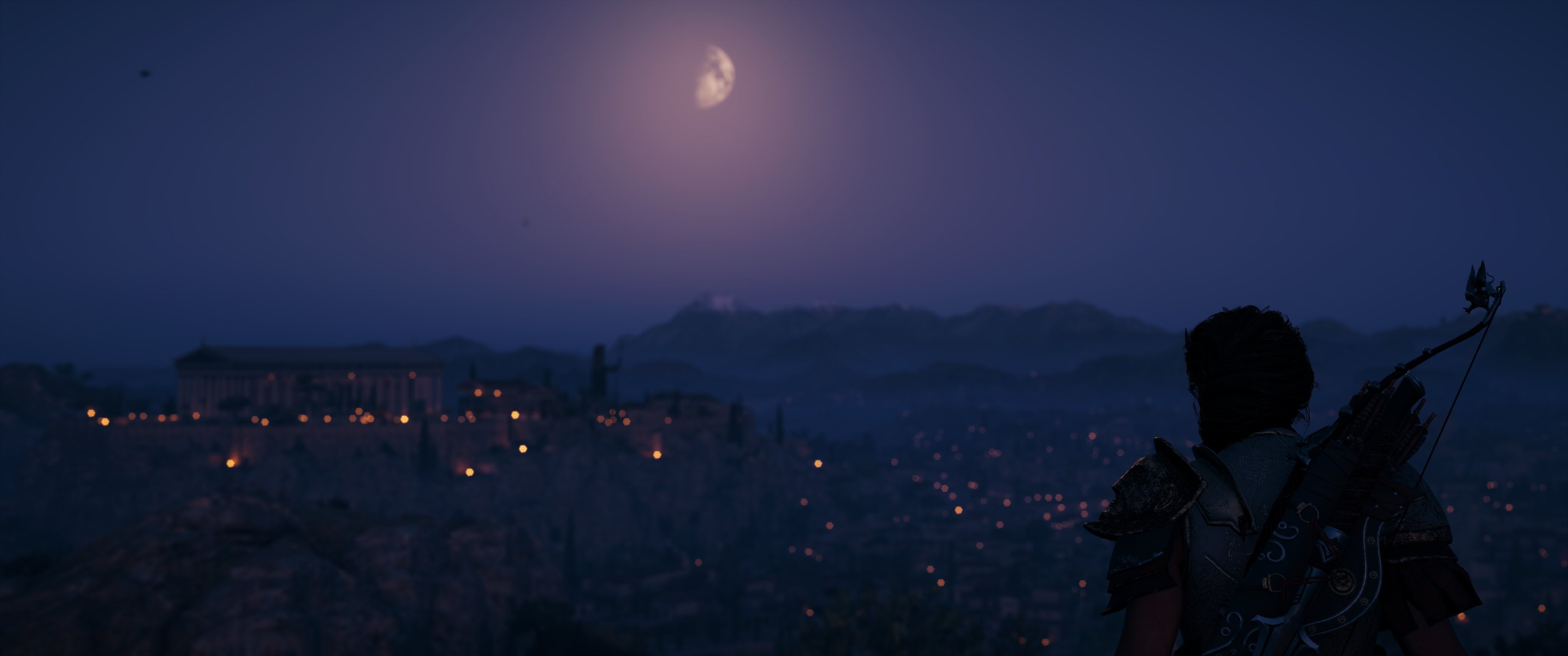 Assassin's Creed Odyssey night view of a city and temple HD Wallpaper