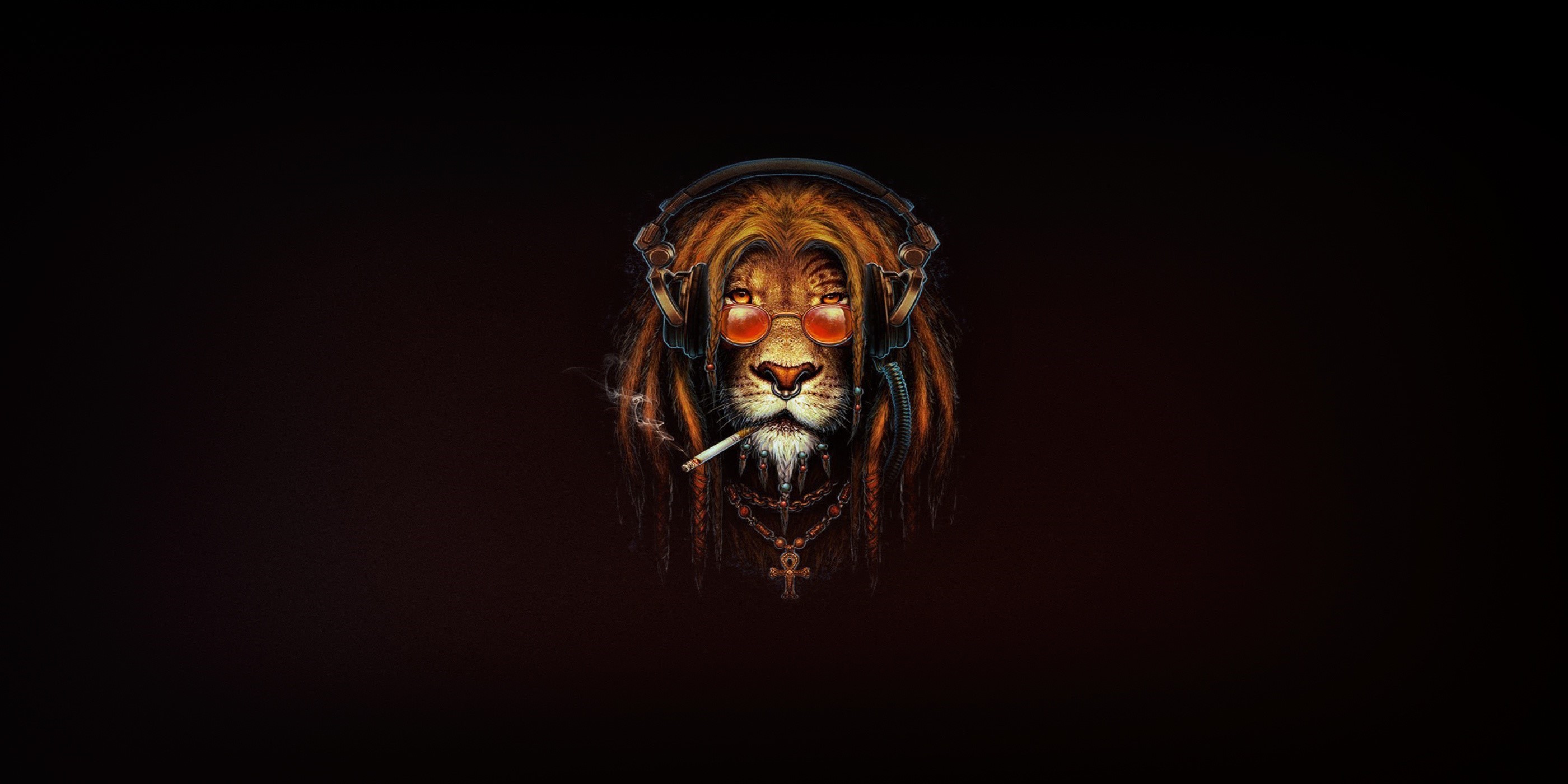 Lion wearing headphones and sunglasses smoking HD Wallpaper