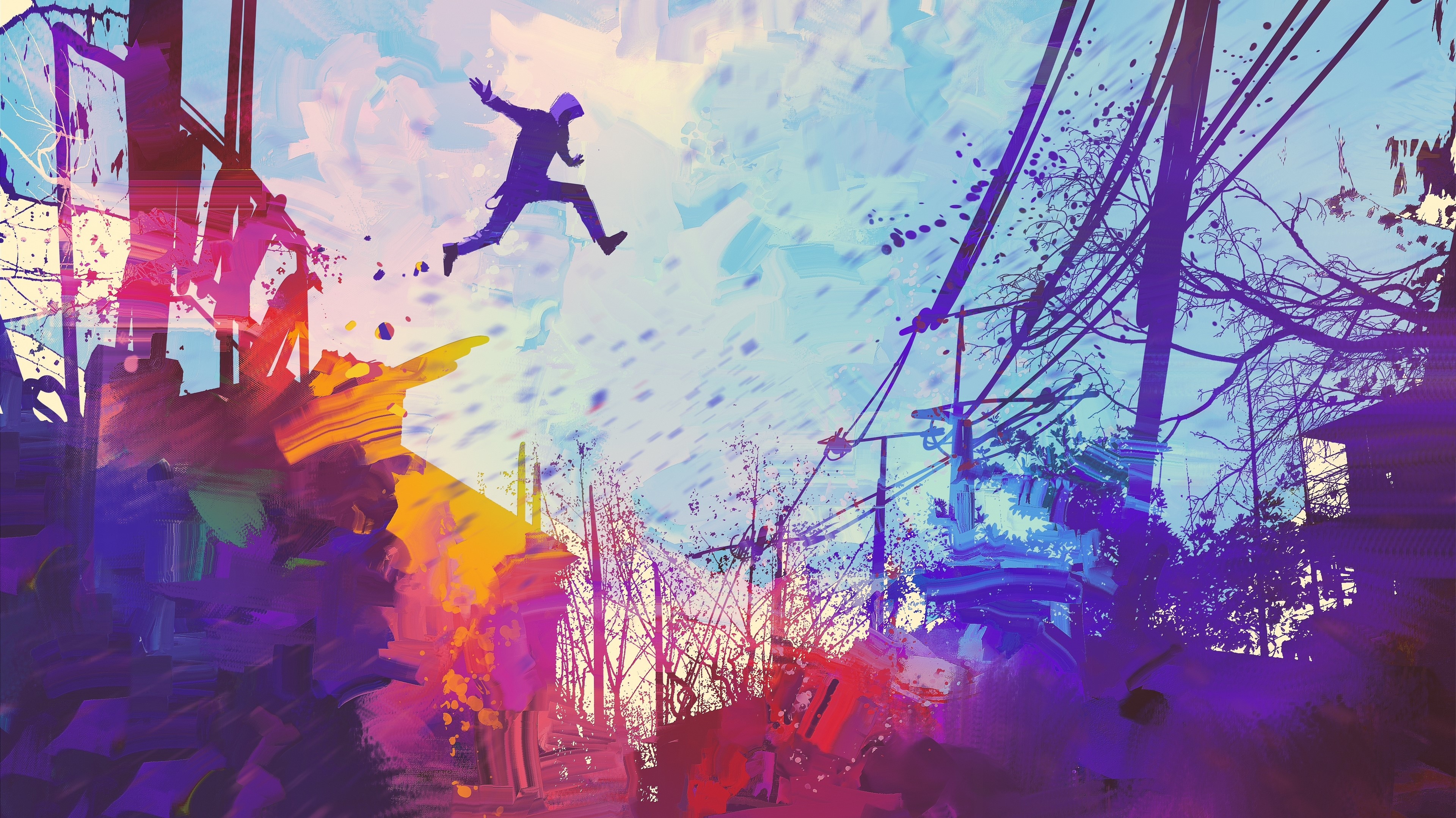 Abstract colorful illustration of a person jumping HD Wallpaper