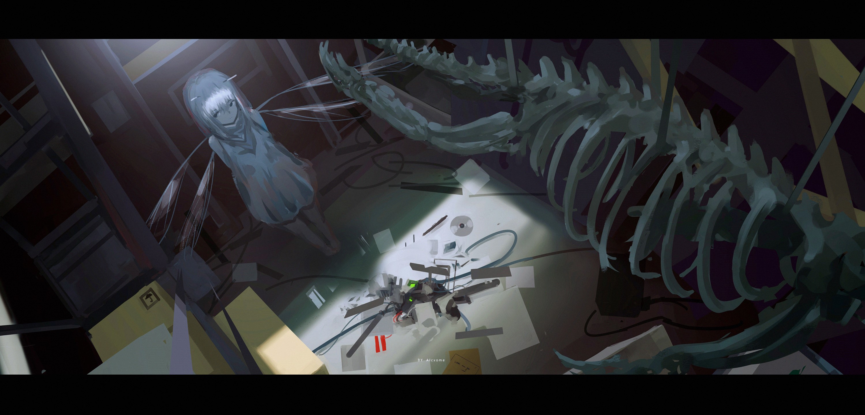 Anime girl and dinosaur skeleton in a room HD Wallpaper
