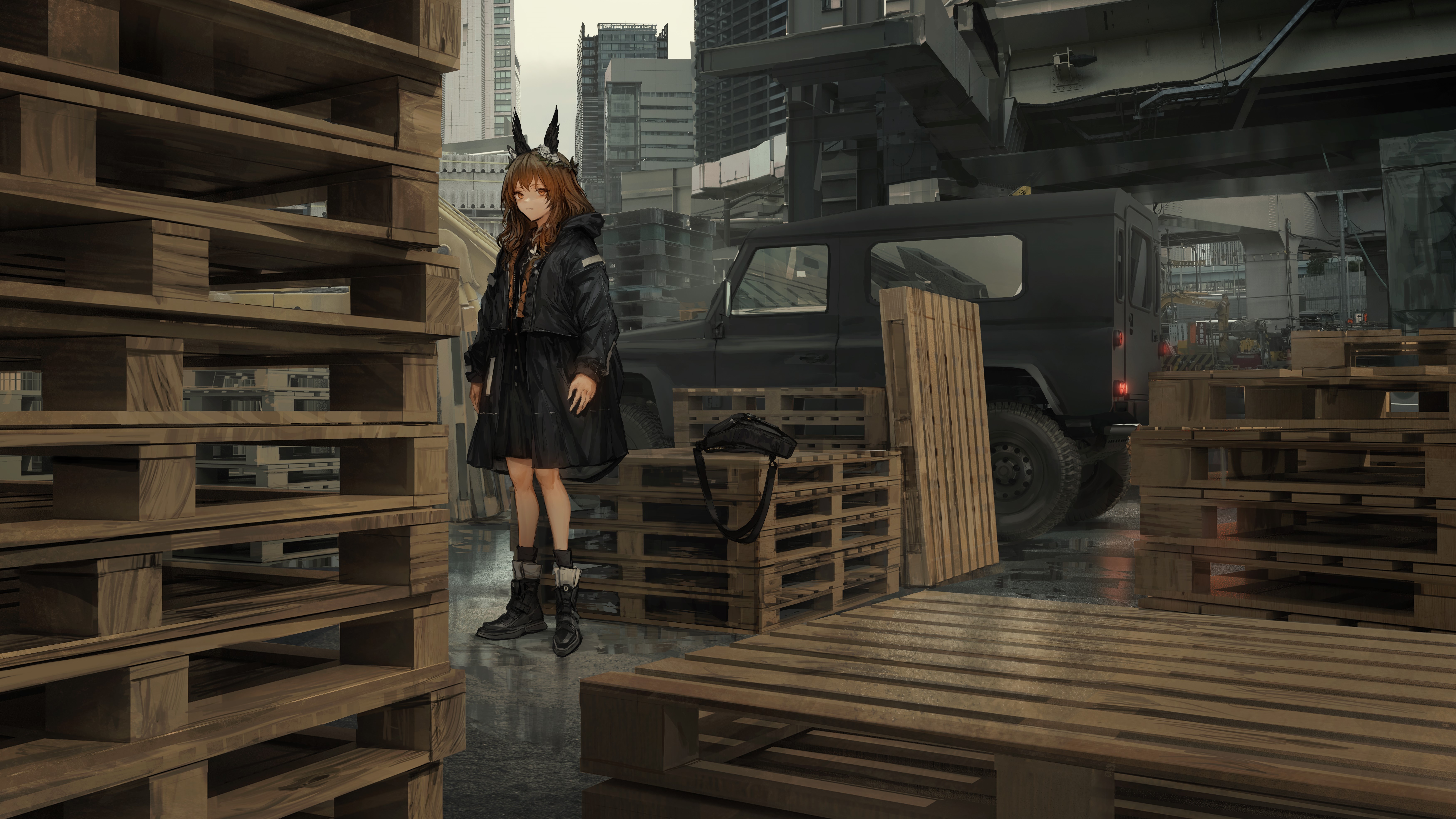 Anime girl with animal ears standing near a black Jeep HD Wallpaper