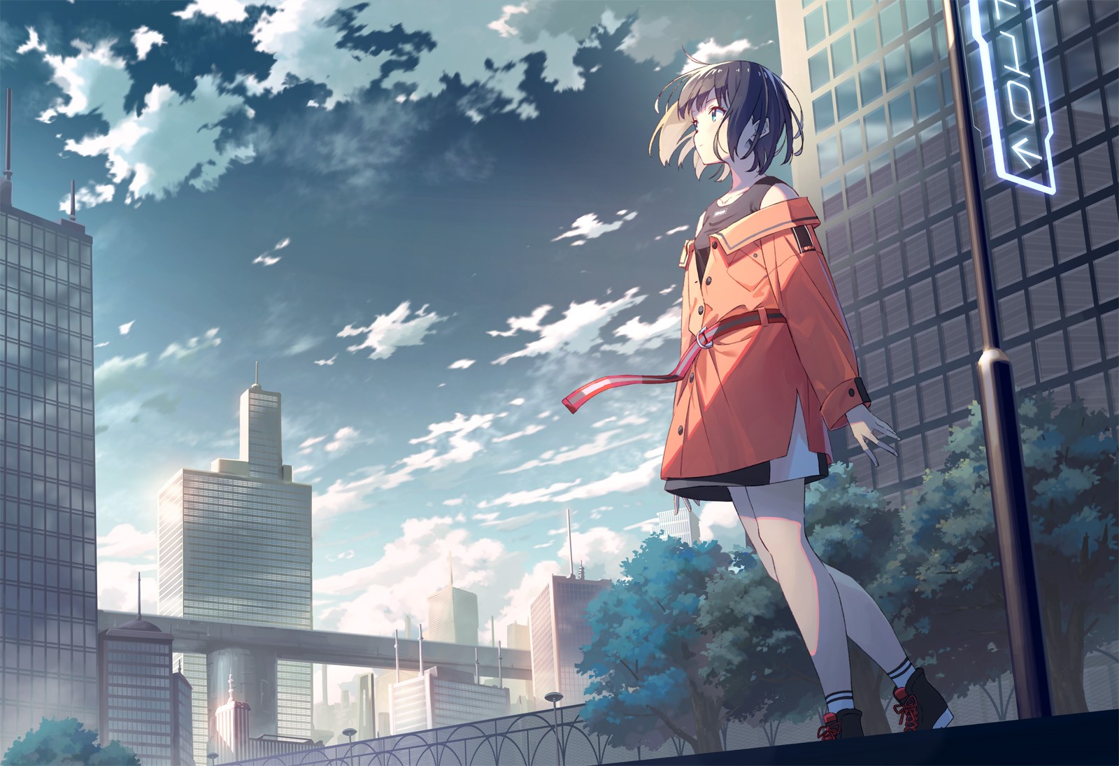 Anime girl in orange coat in city HD Wallpaper