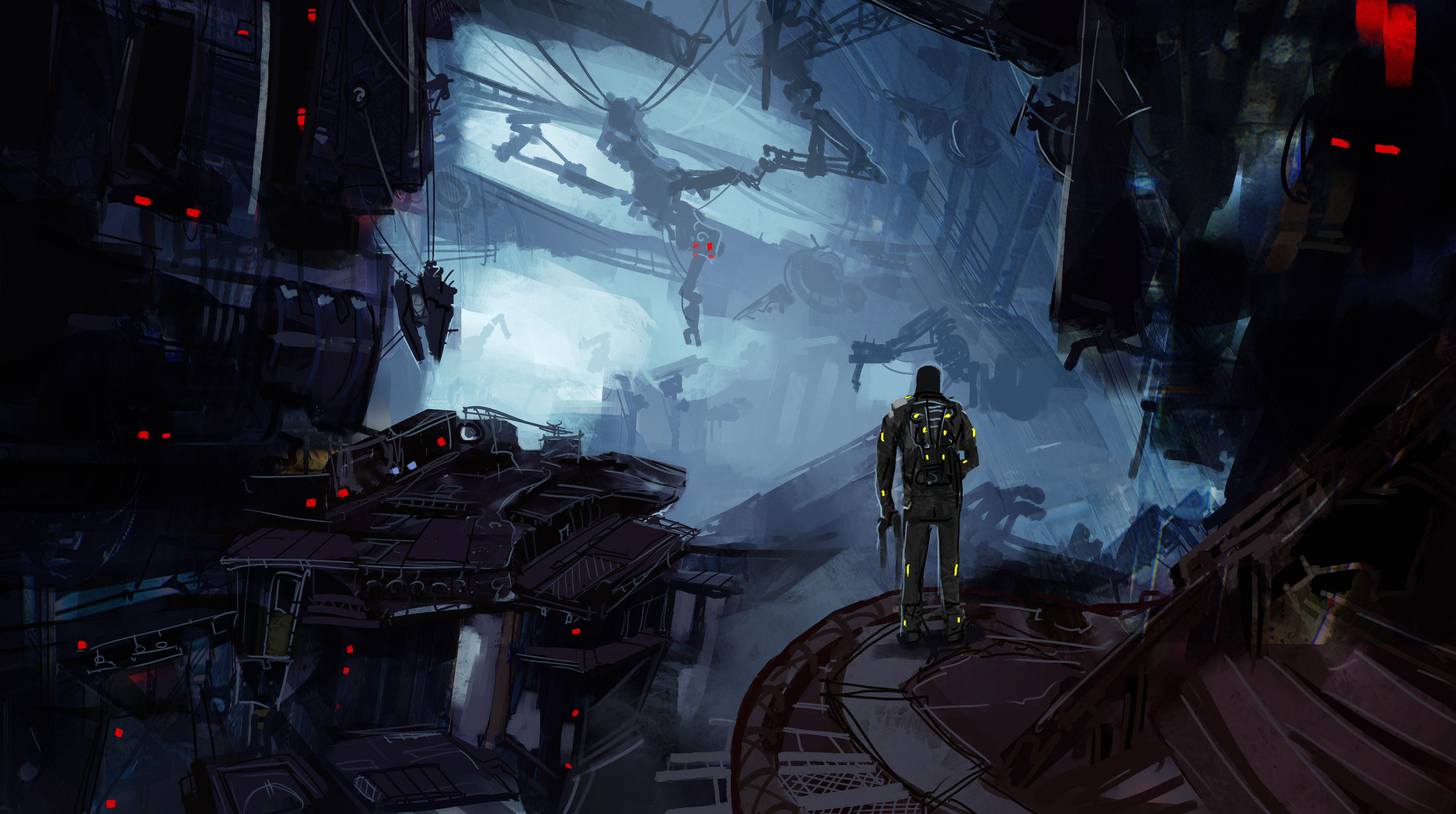4K science fiction scene with a lone figure HD Wallpaper