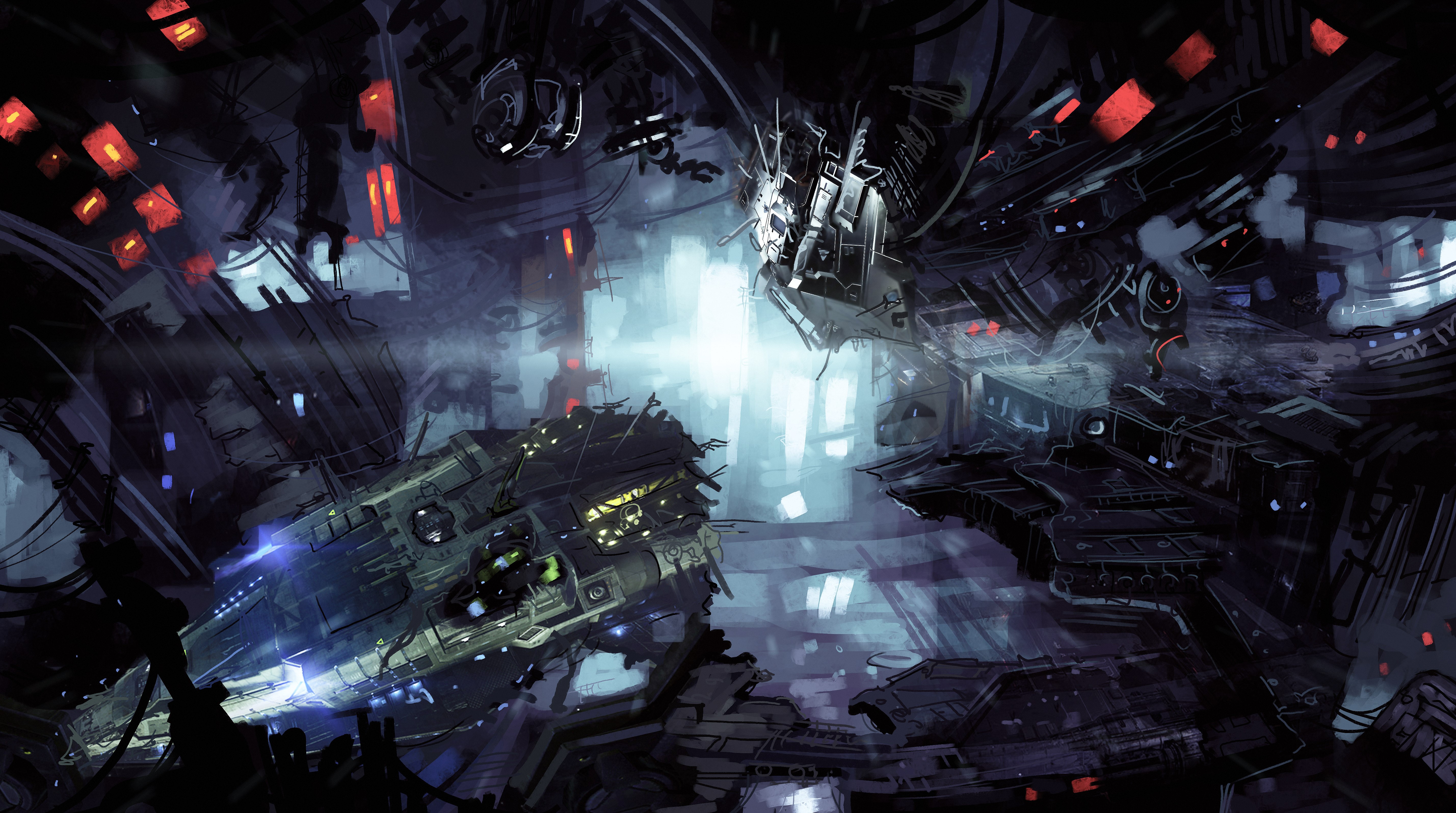 Science fiction scene with damaged spacecraft HD Wallpaper