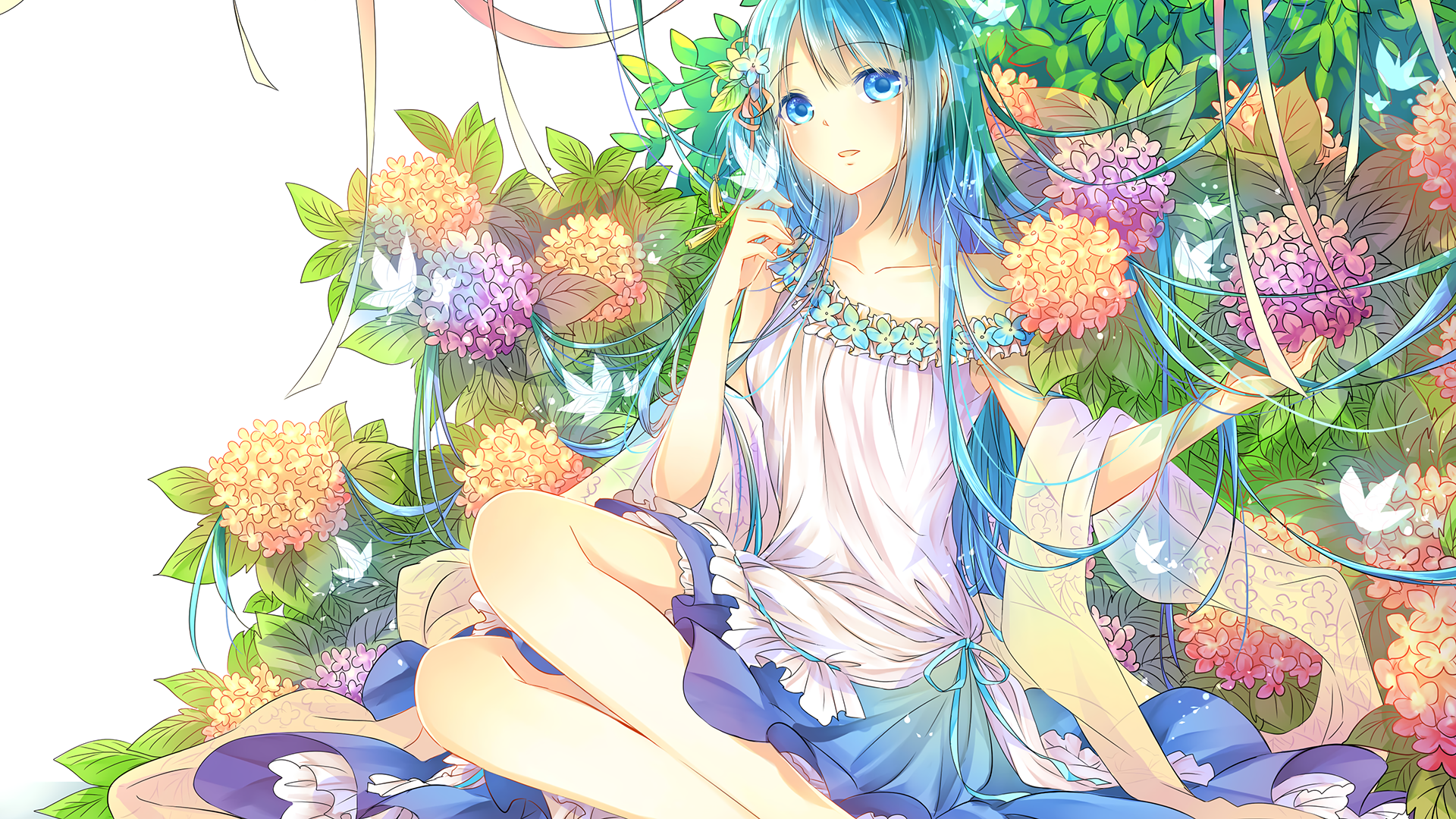 Girl with blue hair surrounded by flowers and butterflies HD Wallpaper