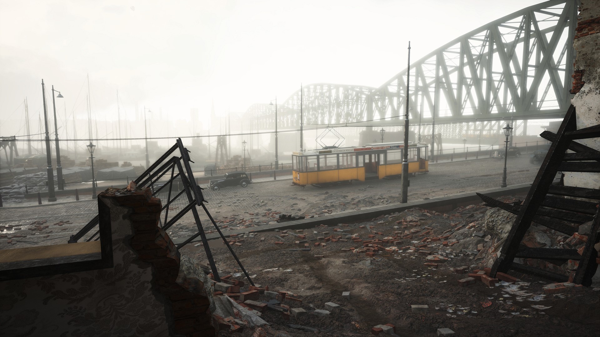 Battlefield V game art of a destroyed city street with a tram HD Wallpaper