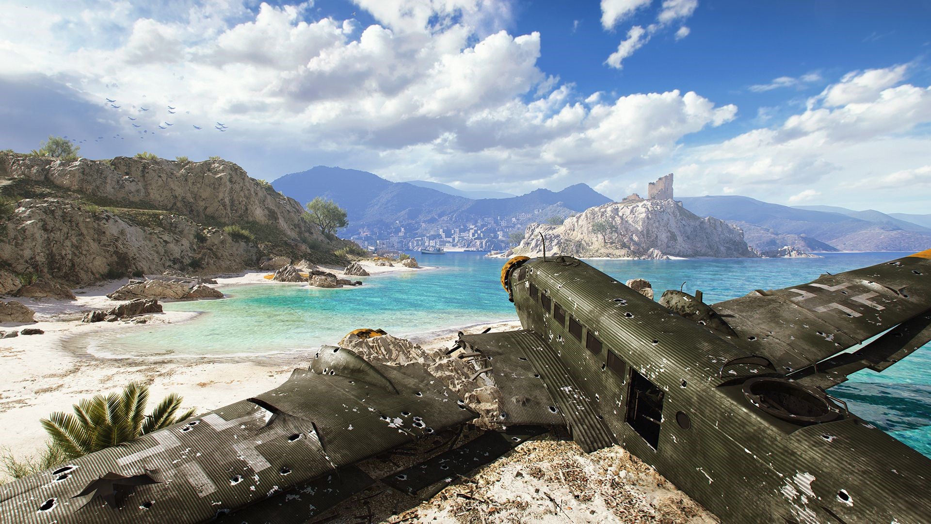 Wrecked aircraft on a tropical beach in Battlefield V HD Wallpaper