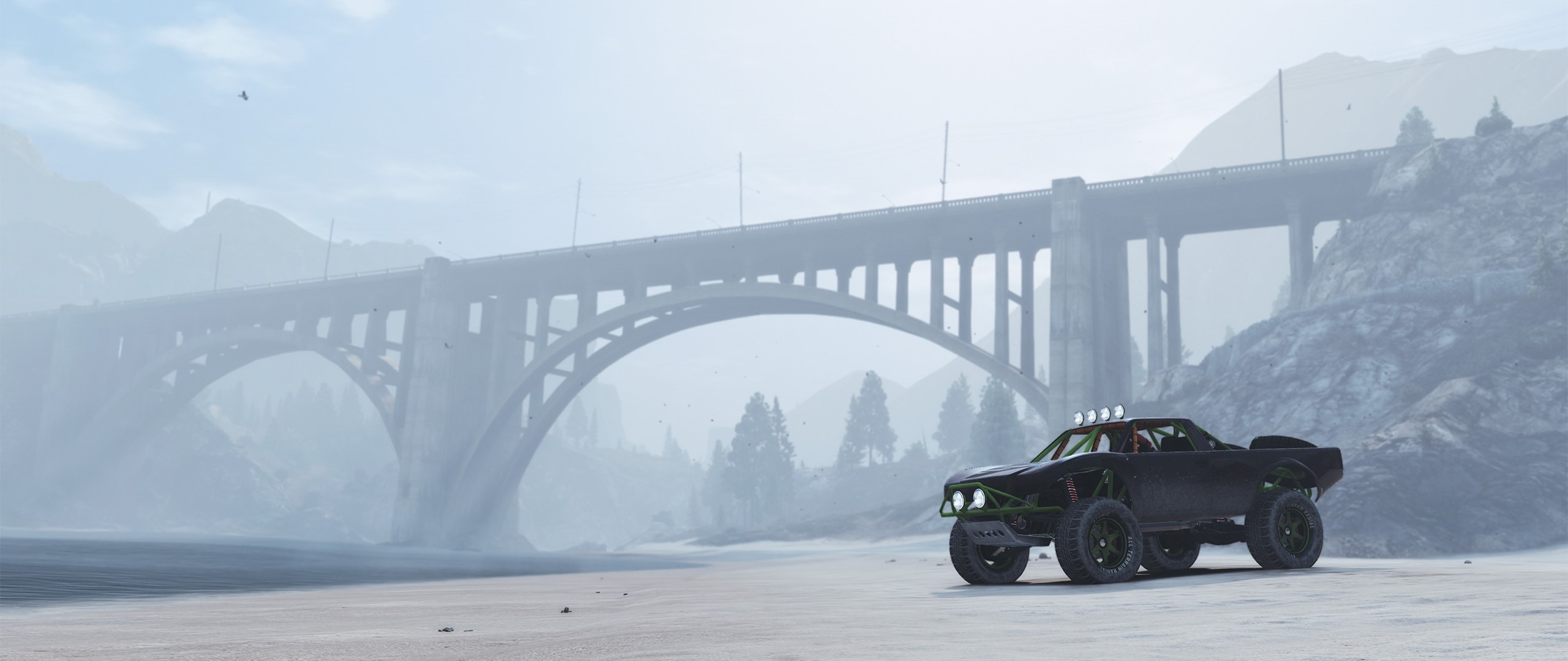 Off-road truck near a bridge in Grand Theft Auto V HD Wallpaper