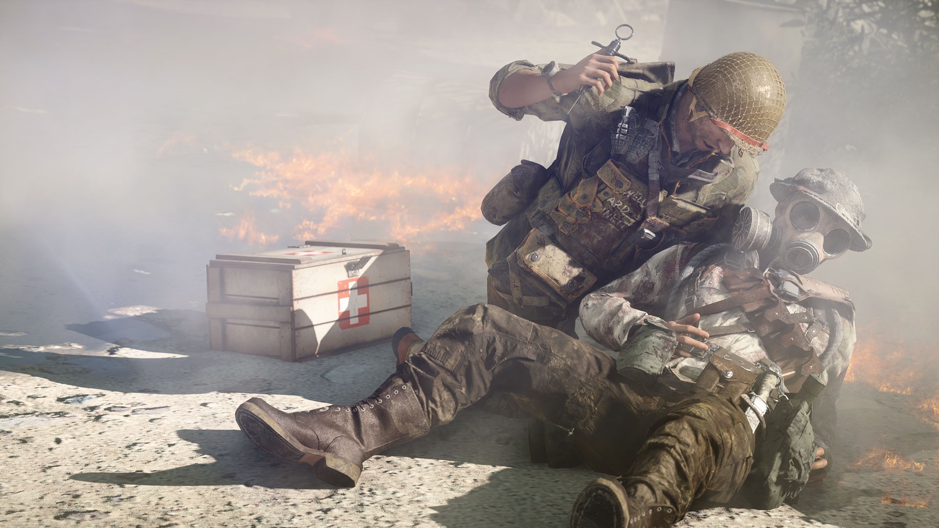 Soldier giving aid to wounded soldier in Battlefield V HD Wallpaper