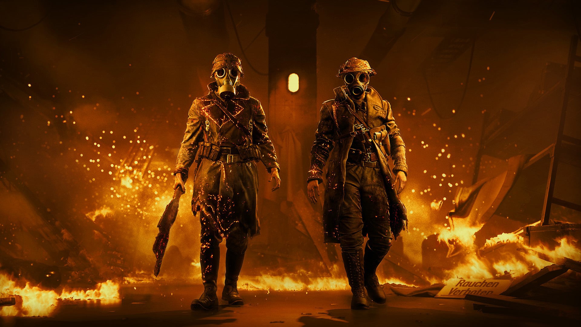 Two soldiers in gas masks in Battlefield V HD Wallpaper