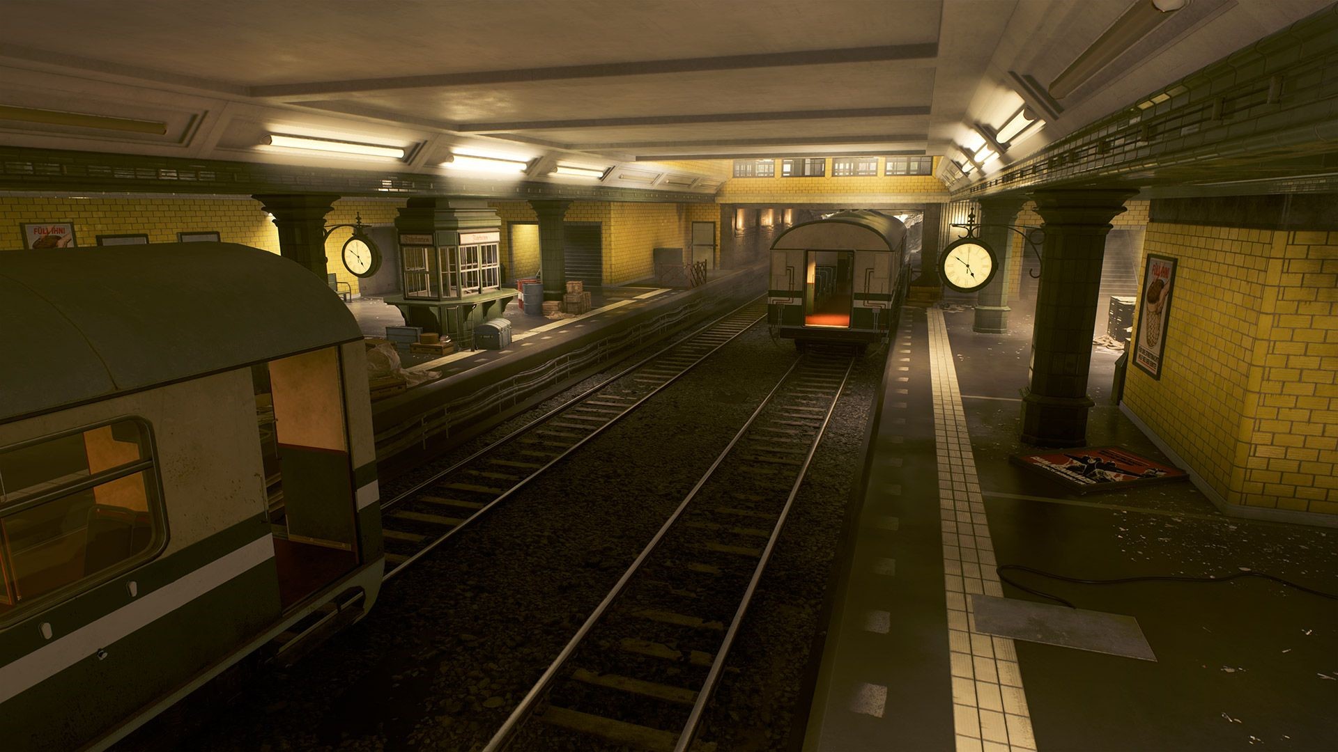 Battlefield subway station with trains HD Wallpaper