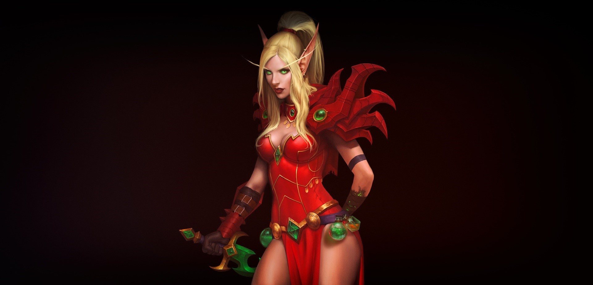 Blonde elf warrior in red armor with green eyes HD Wallpaper