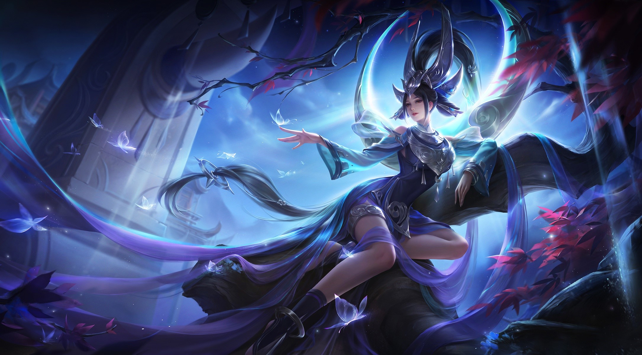Fantasy Asian girl with moon and butterflies HD Wallpaper