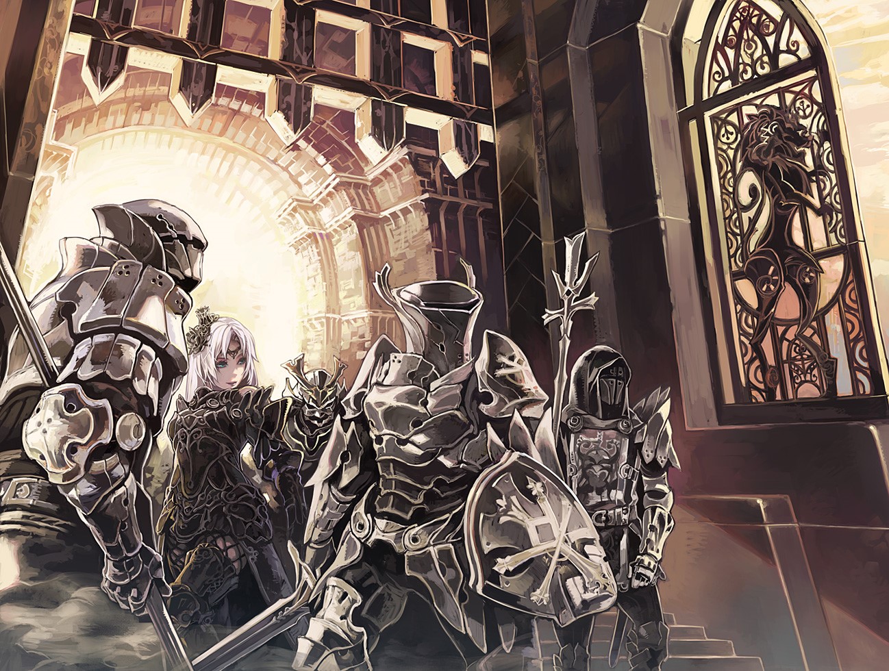 Knights and a woman in armor in a castle HD Wallpaper