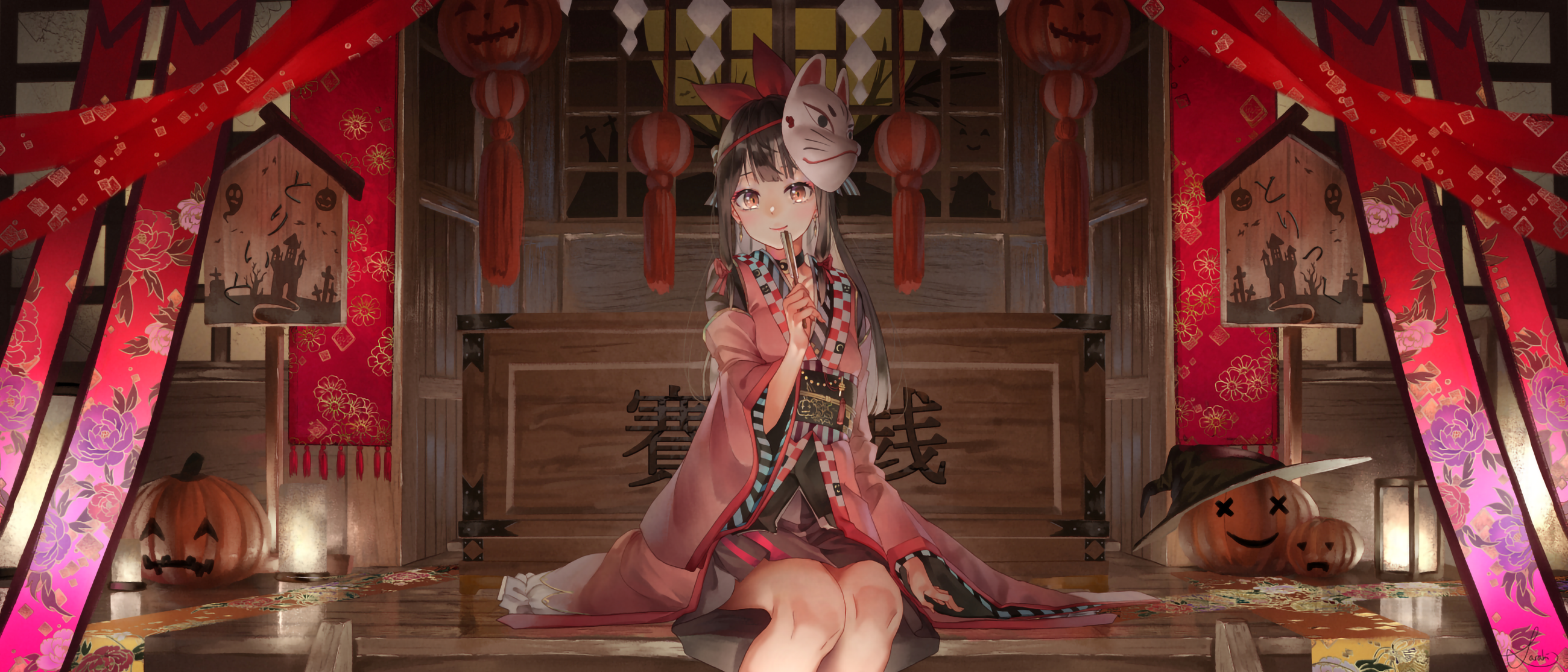 Anime girl in kimono with fox mask for Halloween HD Wallpaper