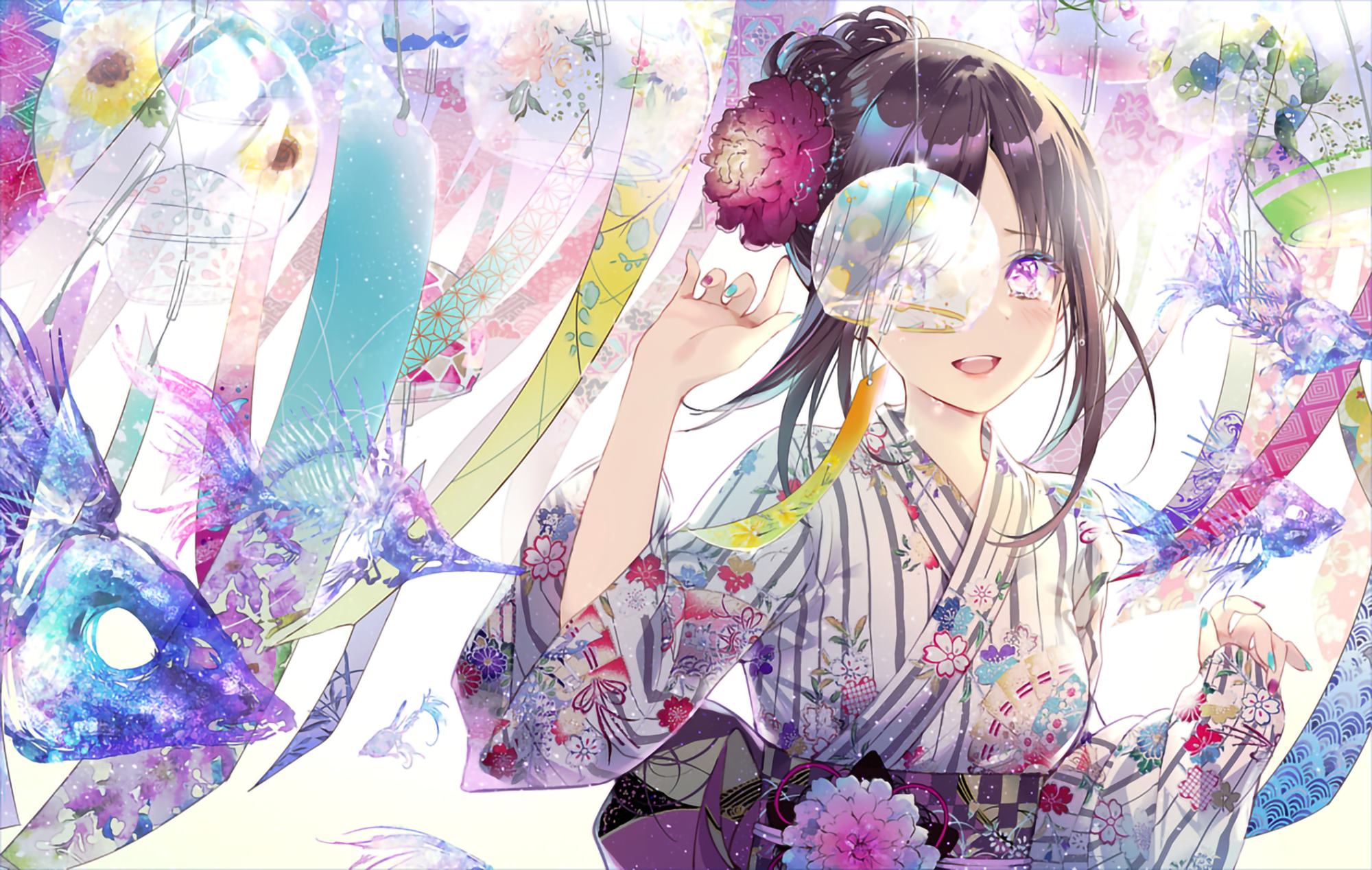 Anime girl in a kimono with Japanese decorations HD Wallpaper