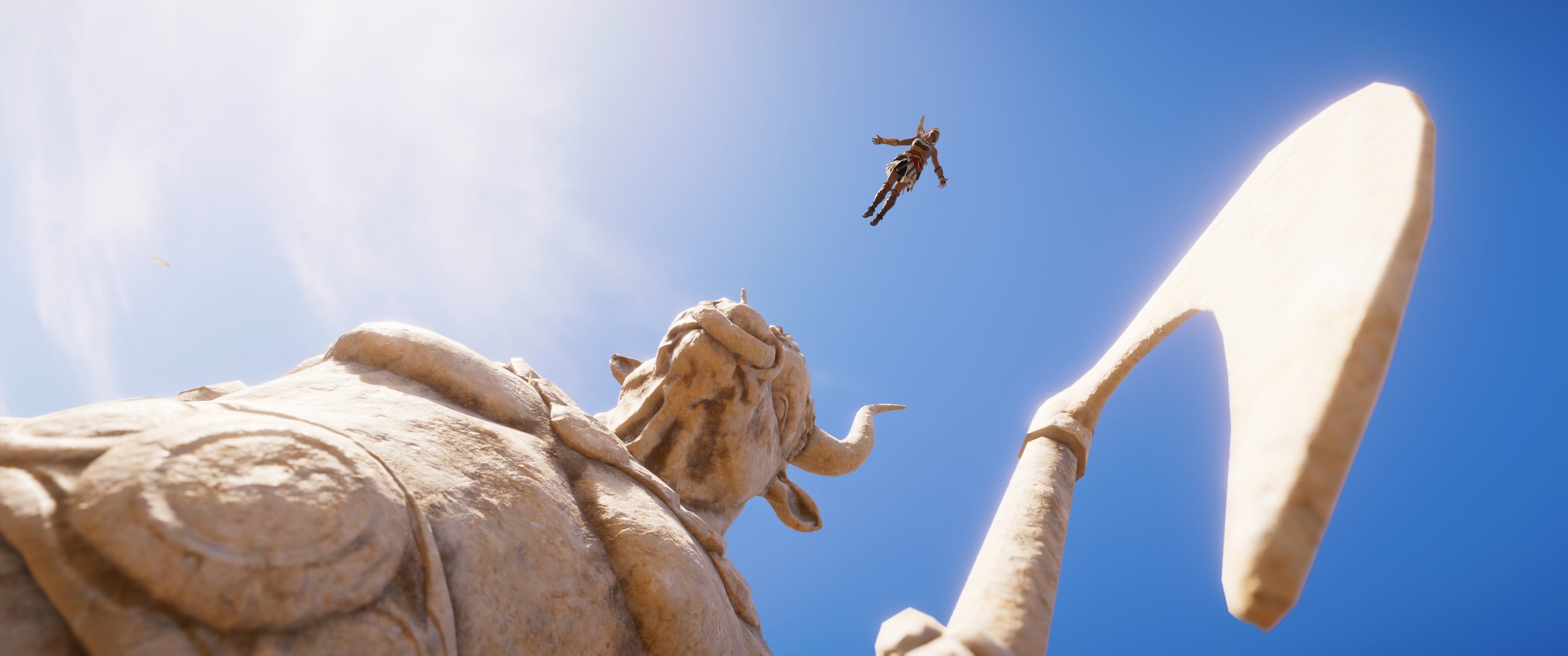 Assassin's Creed statue and character in the sky HD Wallpaper