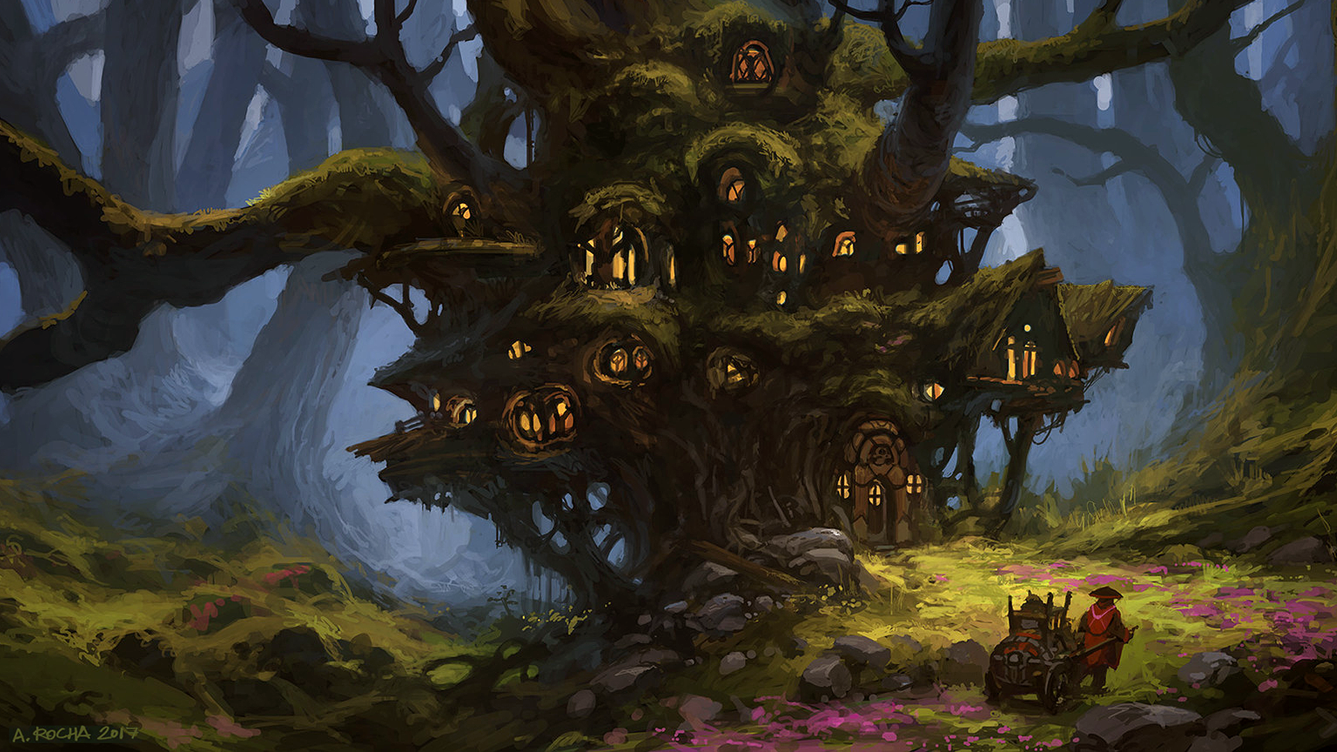Fantasy tree house village in a forest with a person and carriage HD Wallpaper